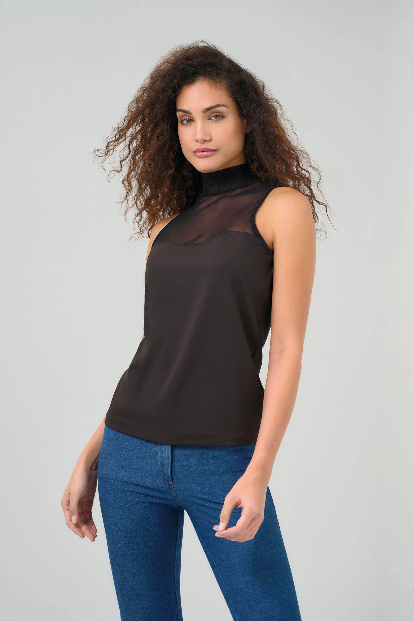 Ellen Sleeveless Mesh Mockneck Top