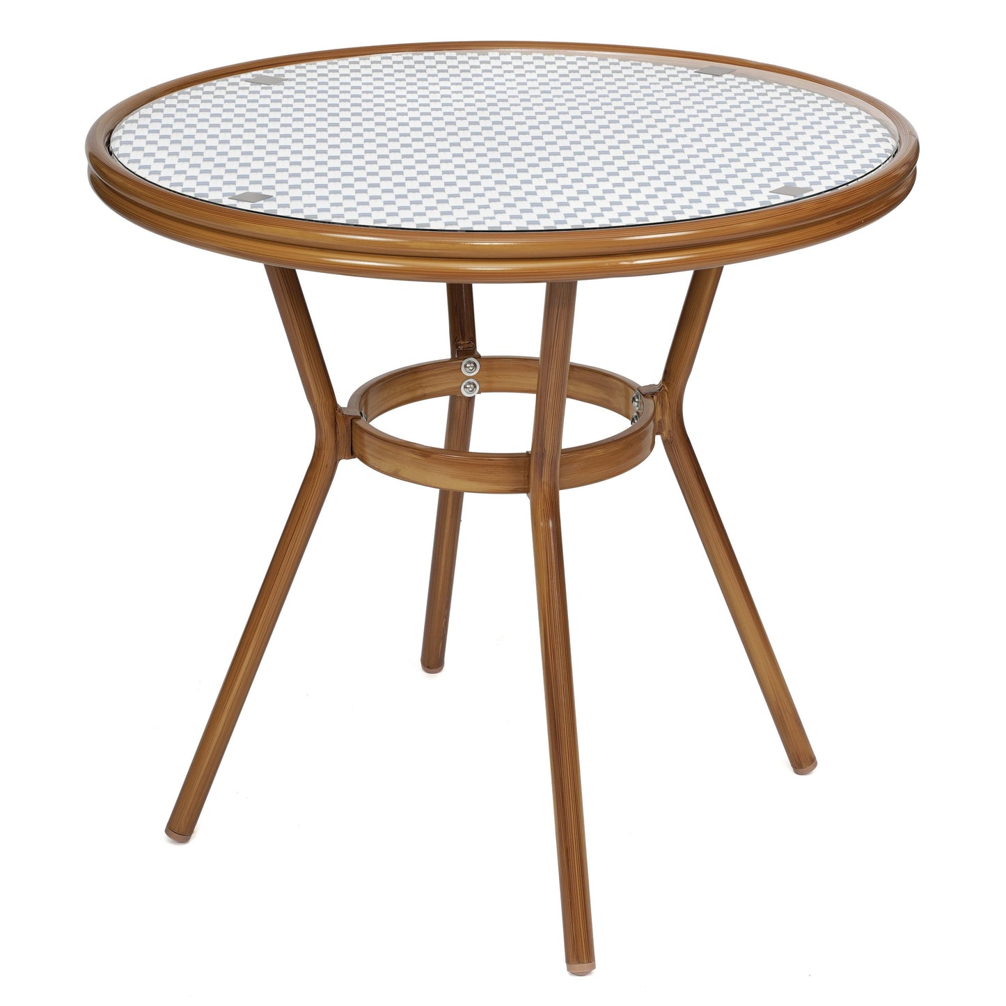 Lourdes Indoor/Outdoor Commercial Bistro 31.5" Table, PE Rattan, Glass Top with 2 Stack Chairs