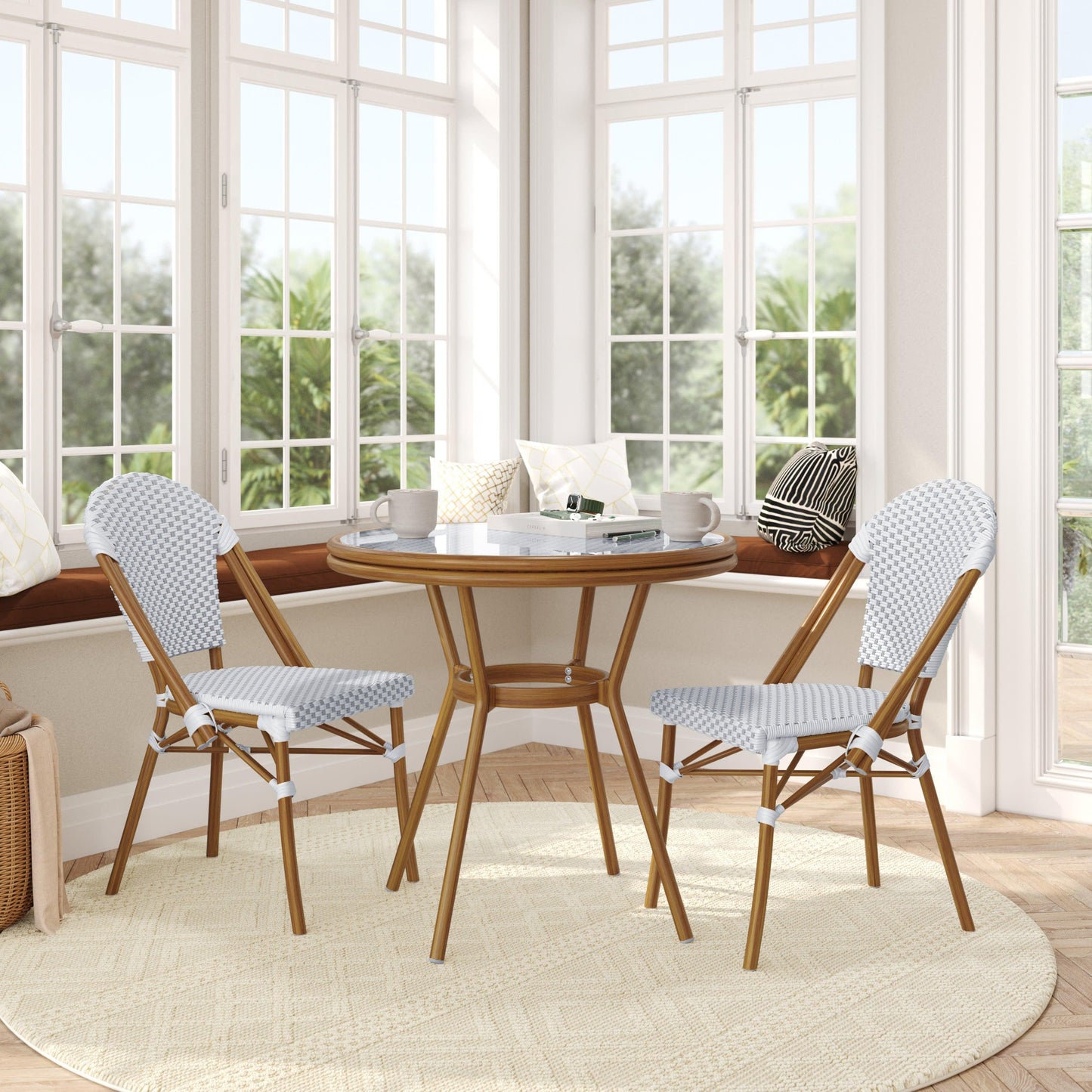 Lourdes Indoor/Outdoor Commercial Bistro 31.5" Table, PE Rattan, Glass Top with 2 Stack Chairs