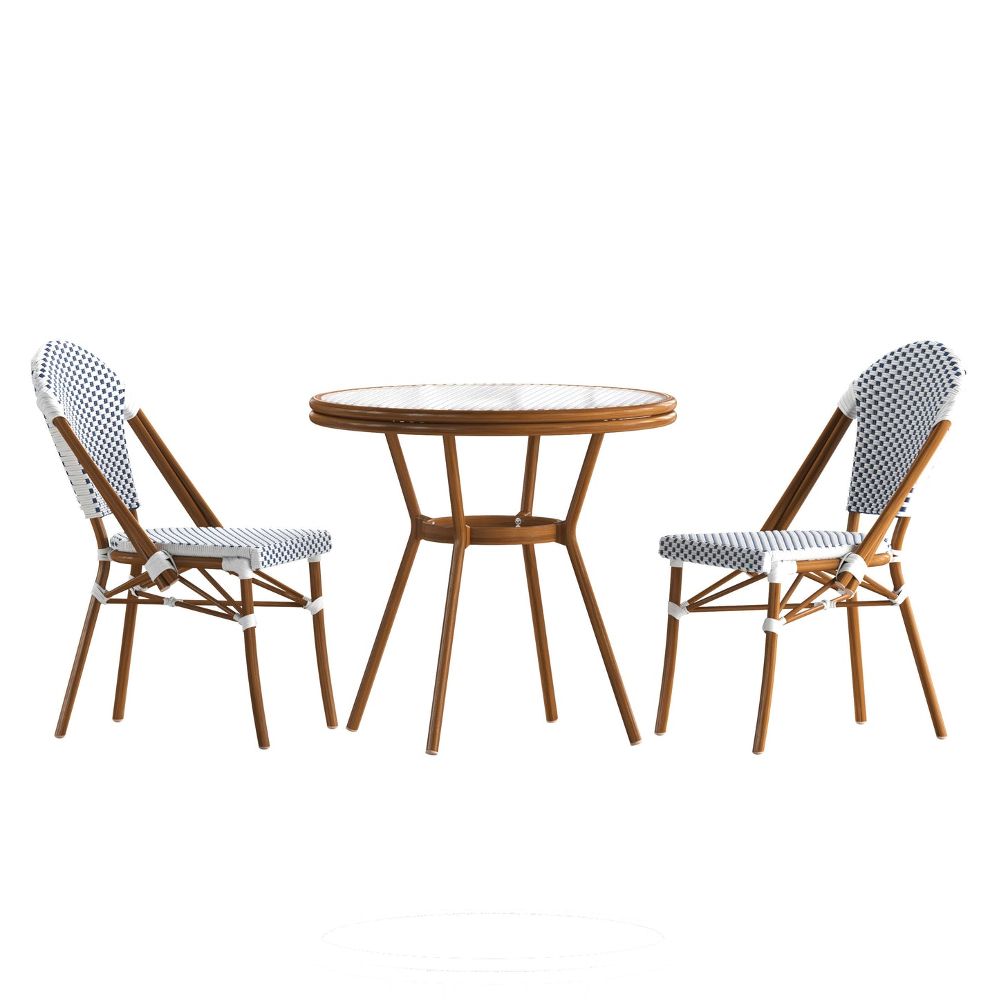 Lourdes Indoor/Outdoor Commercial Bistro 31.5" Table, PE Rattan, Glass Top with 2 Stack Chairs
