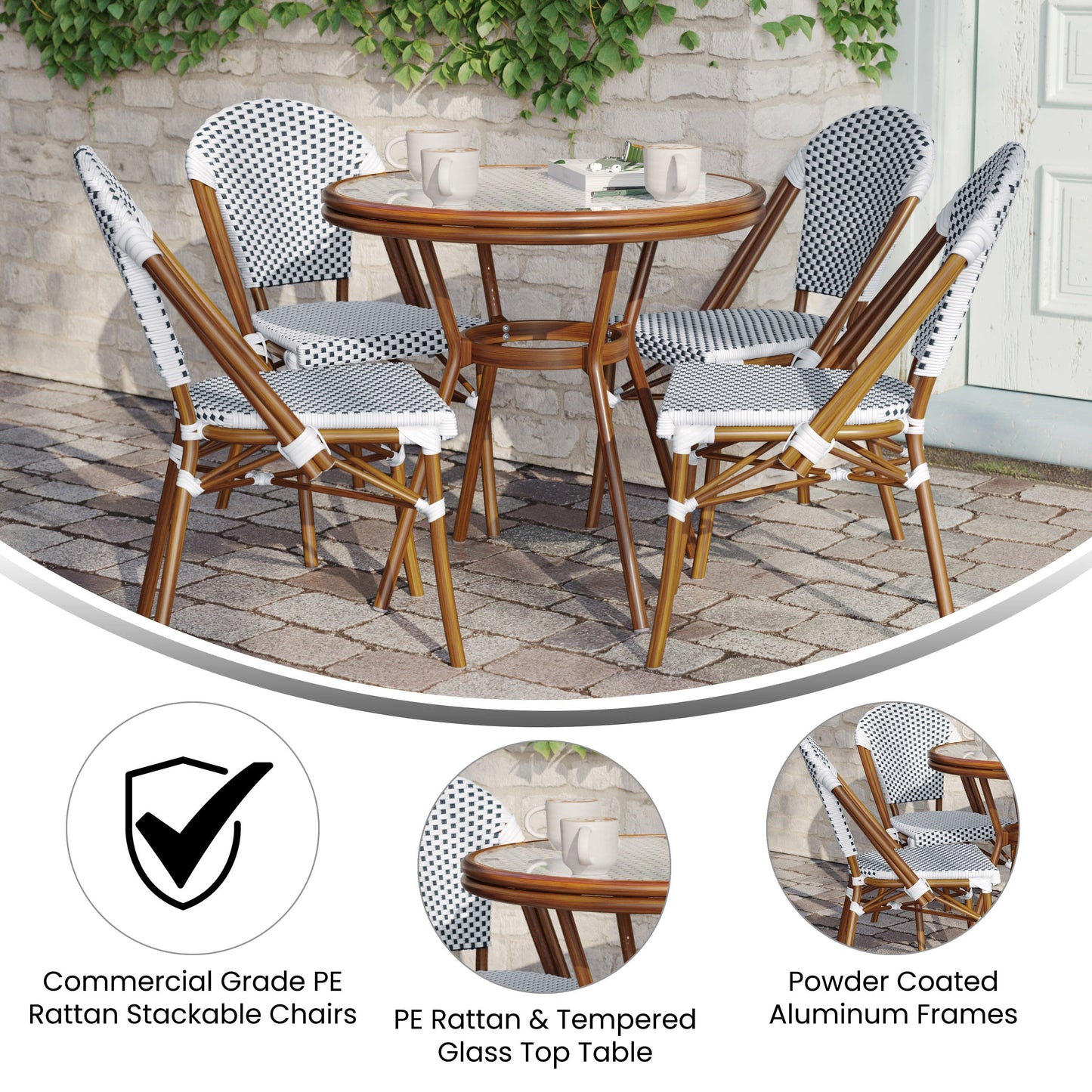 Lourdes Indoor/Outdoor Commercial Bistro 31.5" Table, PE Rattan, Glass Top with 4 Stack Chairs