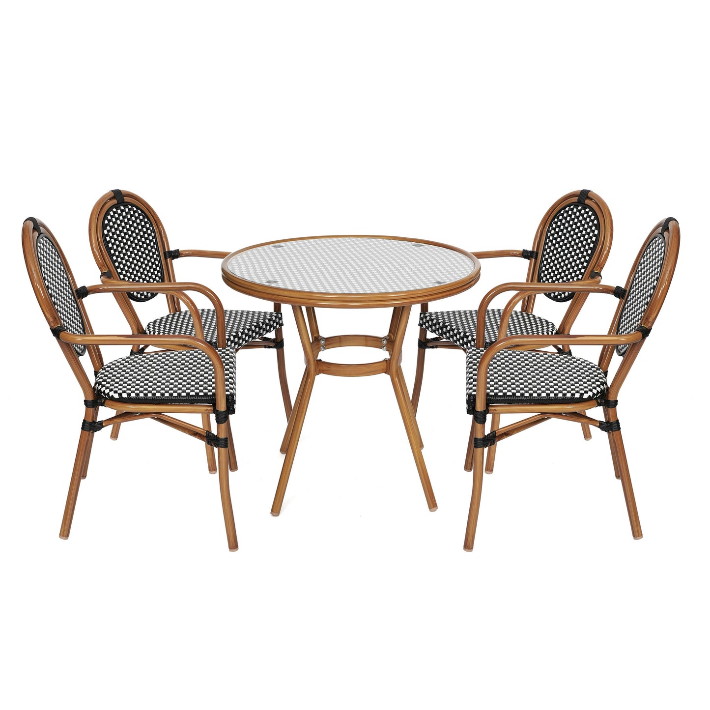 Lourdes Indoor/Outdoor Commercial Bistro 31.5" Table, PE Rattan, Glass Top with 4 Stack Chairs