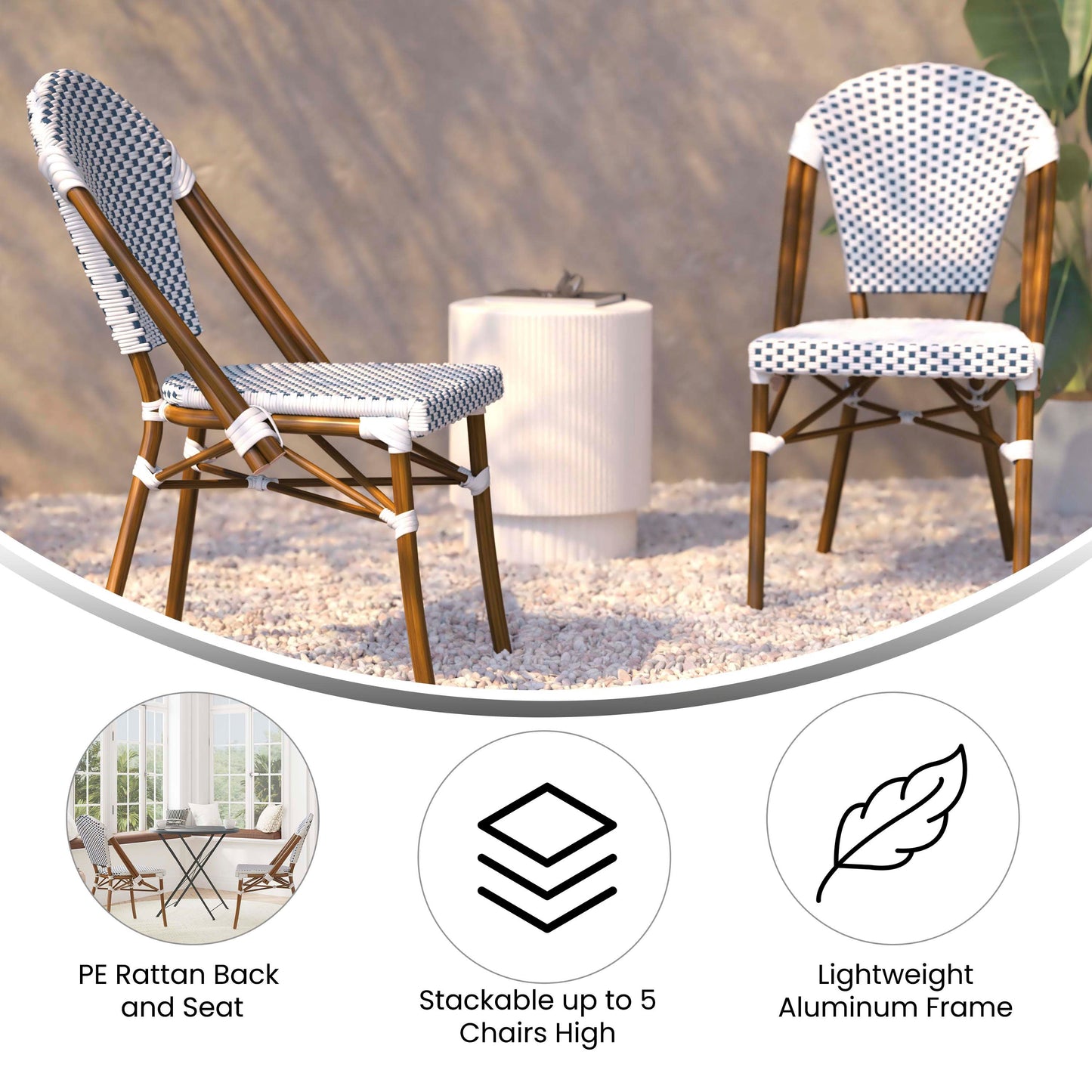 Lourdes Indoor/Outdoor Commercial Bistro Stacking Chair, PE Rattan Back and Seat, Bamboo Print Aluminum Frame