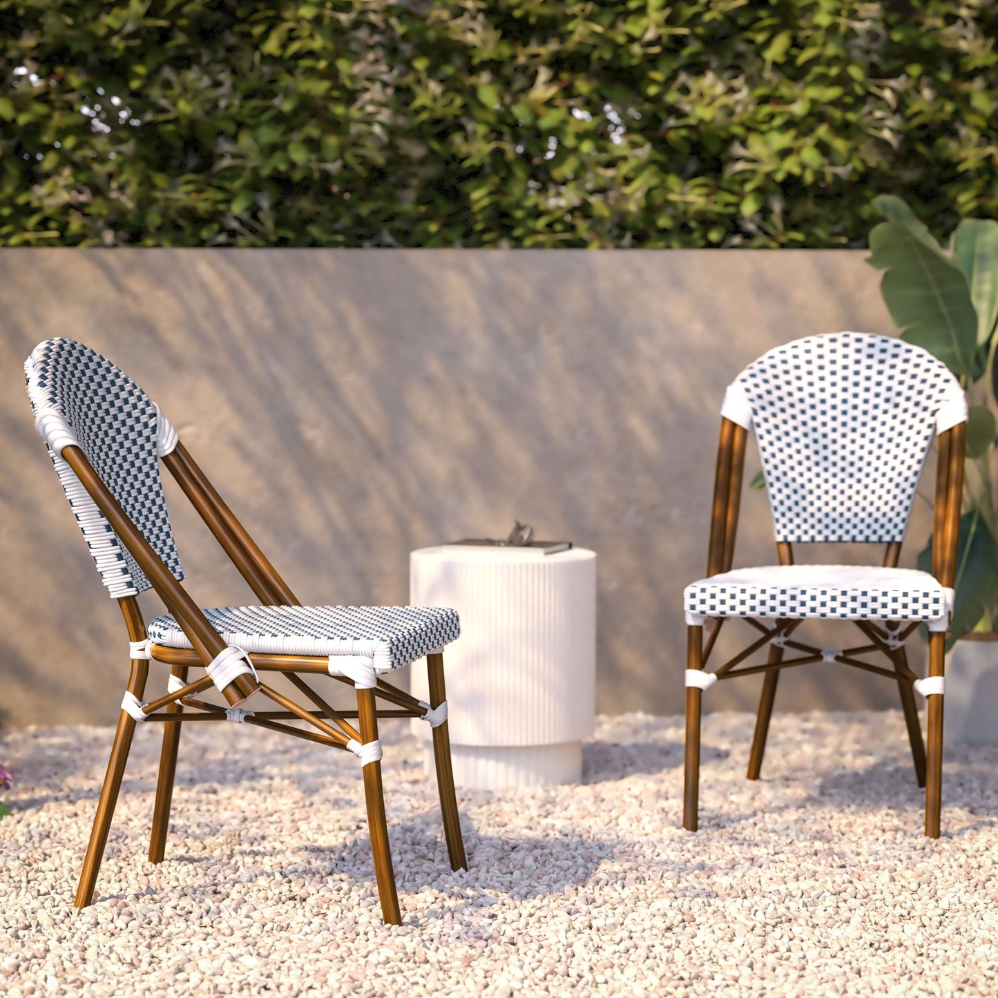 Lourdes Indoor/Outdoor Commercial Bistro Stacking Chair, PE Rattan Back and Seat, Bamboo Print Aluminum Frame