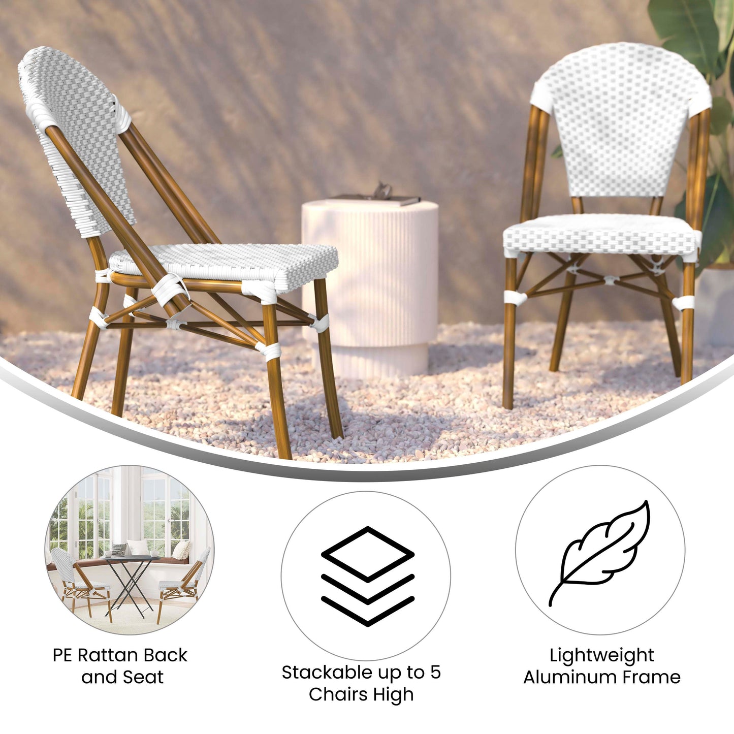 Lourdes Indoor/Outdoor Commercial Bistro Stacking Chair, PE Rattan Back and Seat, Bamboo Print Aluminum Frame