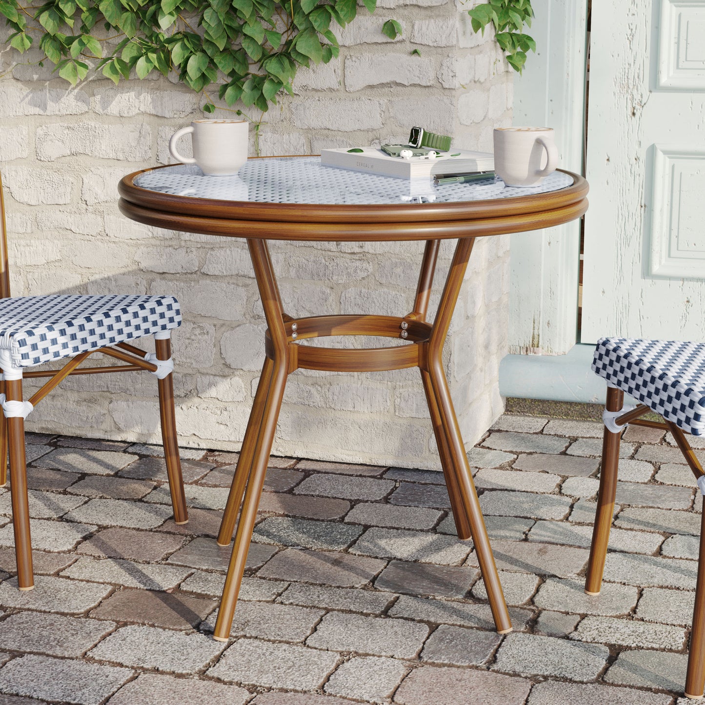 Lourdes Indoor/Outdoor Commercial Bistro 31.5" Table, PE Rattan, Glass Top, Bamboo Print Aluminum Frame