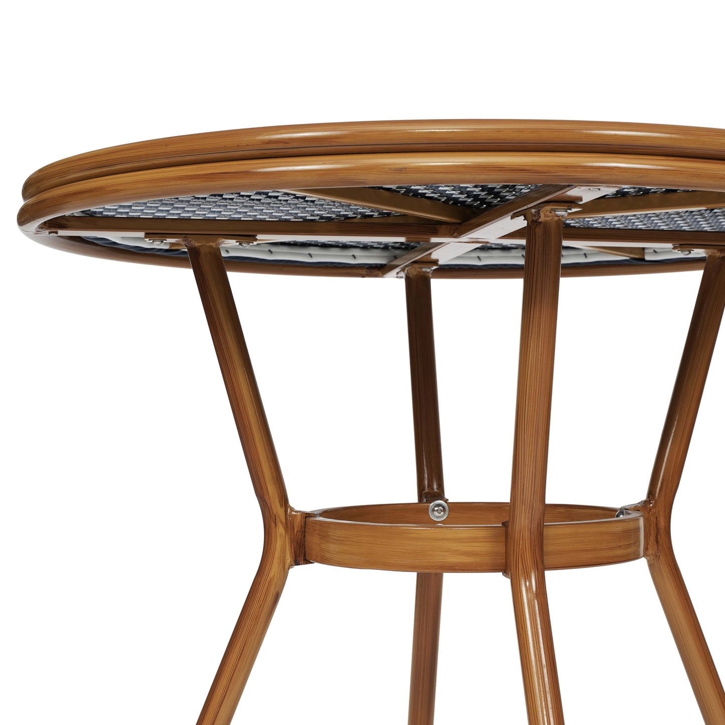 Lourdes Indoor/Outdoor Commercial Bistro 31.5" Table, PE Rattan, Glass Top, Bamboo Print Aluminum Frame