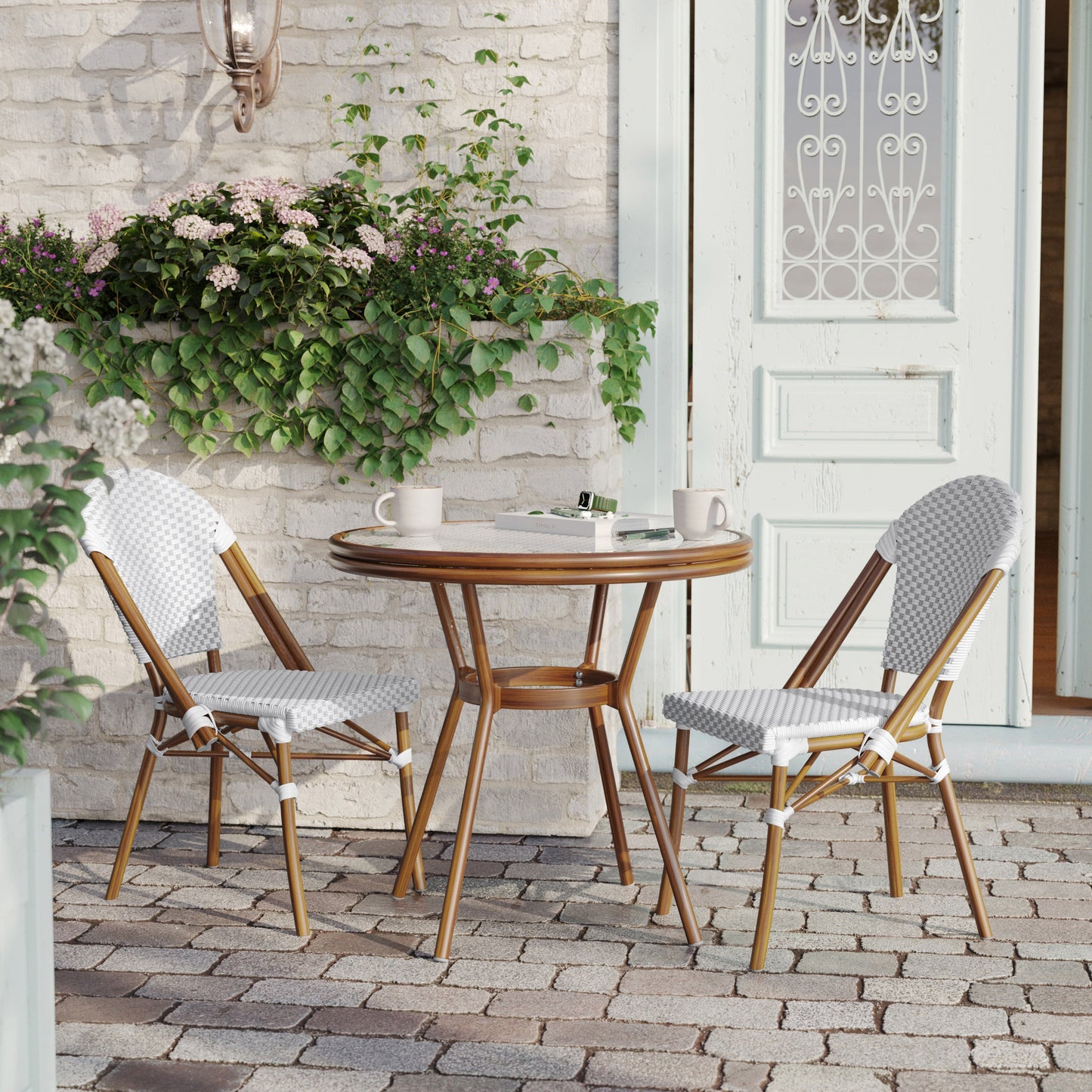 Lourdes Indoor/Outdoor Commercial Bistro 31.5" Table, PE Rattan, Glass Top, Bamboo Print Aluminum Frame