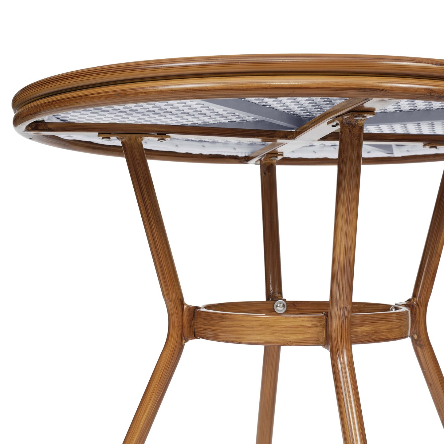 Lourdes Indoor/Outdoor Commercial Bistro 31.5" Table, PE Rattan, Glass Top with 4 Stack Chairs