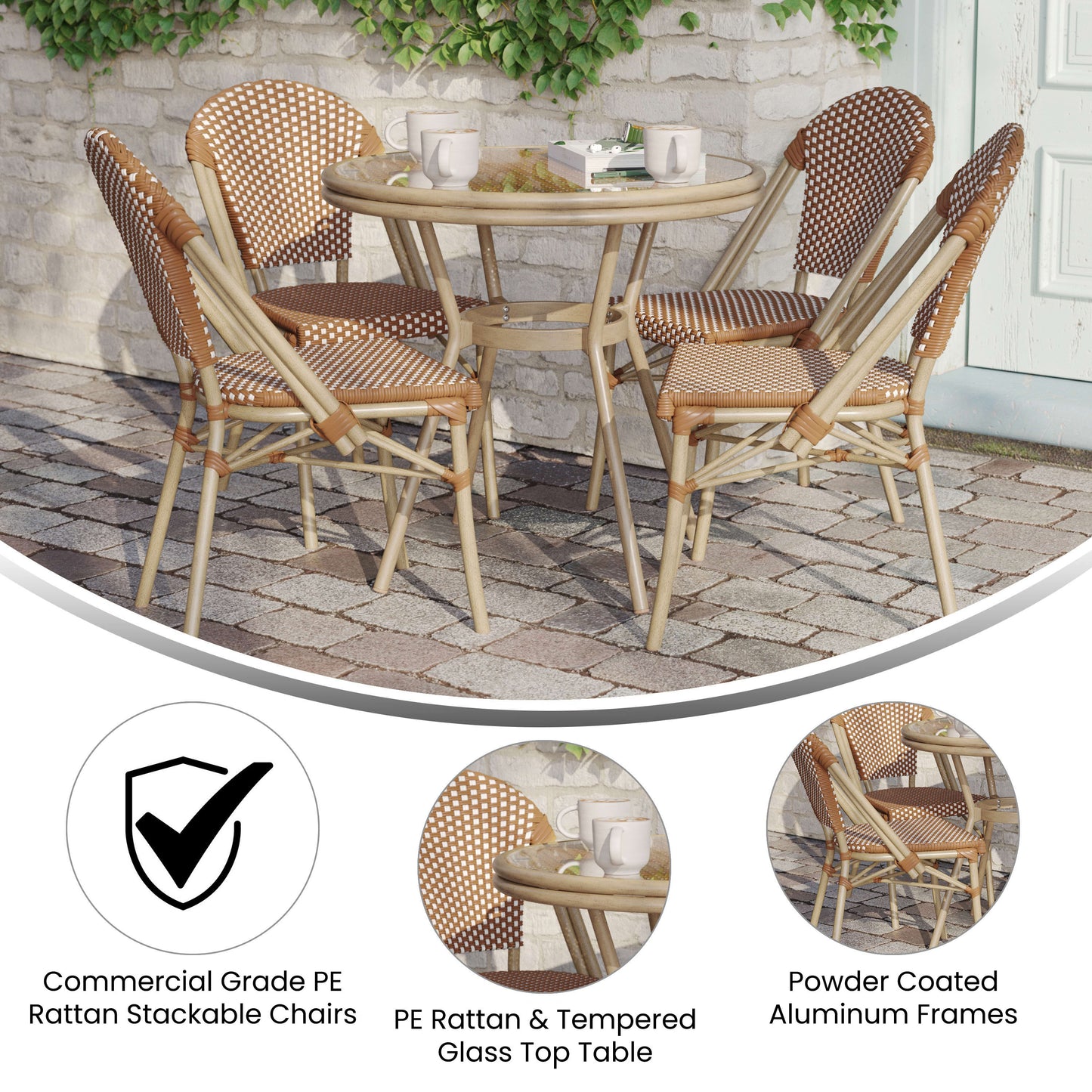 Lourdes Indoor/Outdoor Commercial Bistro 31.5" Table, PE Rattan, Glass Top with 4 Stack Chairs