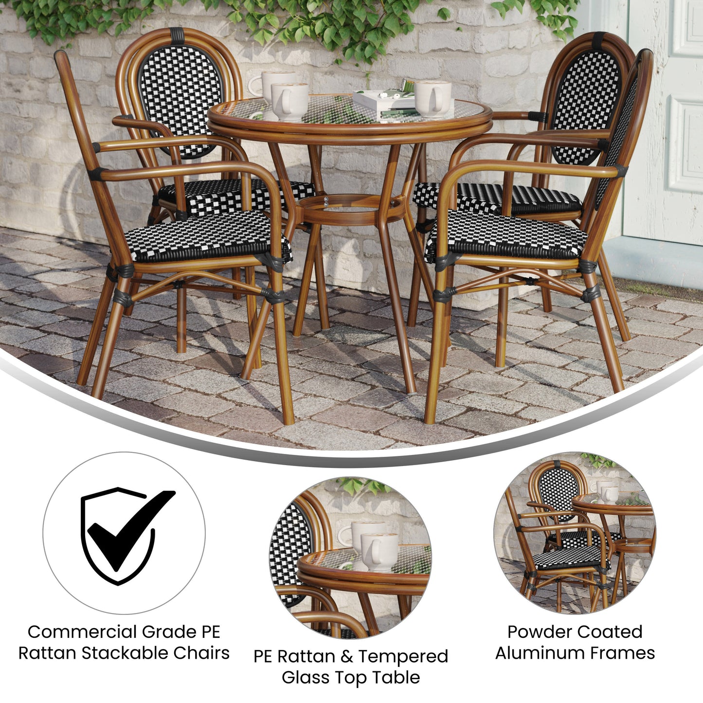 Lourdes Indoor/Outdoor Commercial Bistro 31.5" Table, PE Rattan, Glass Top with 4 Stack Chairs