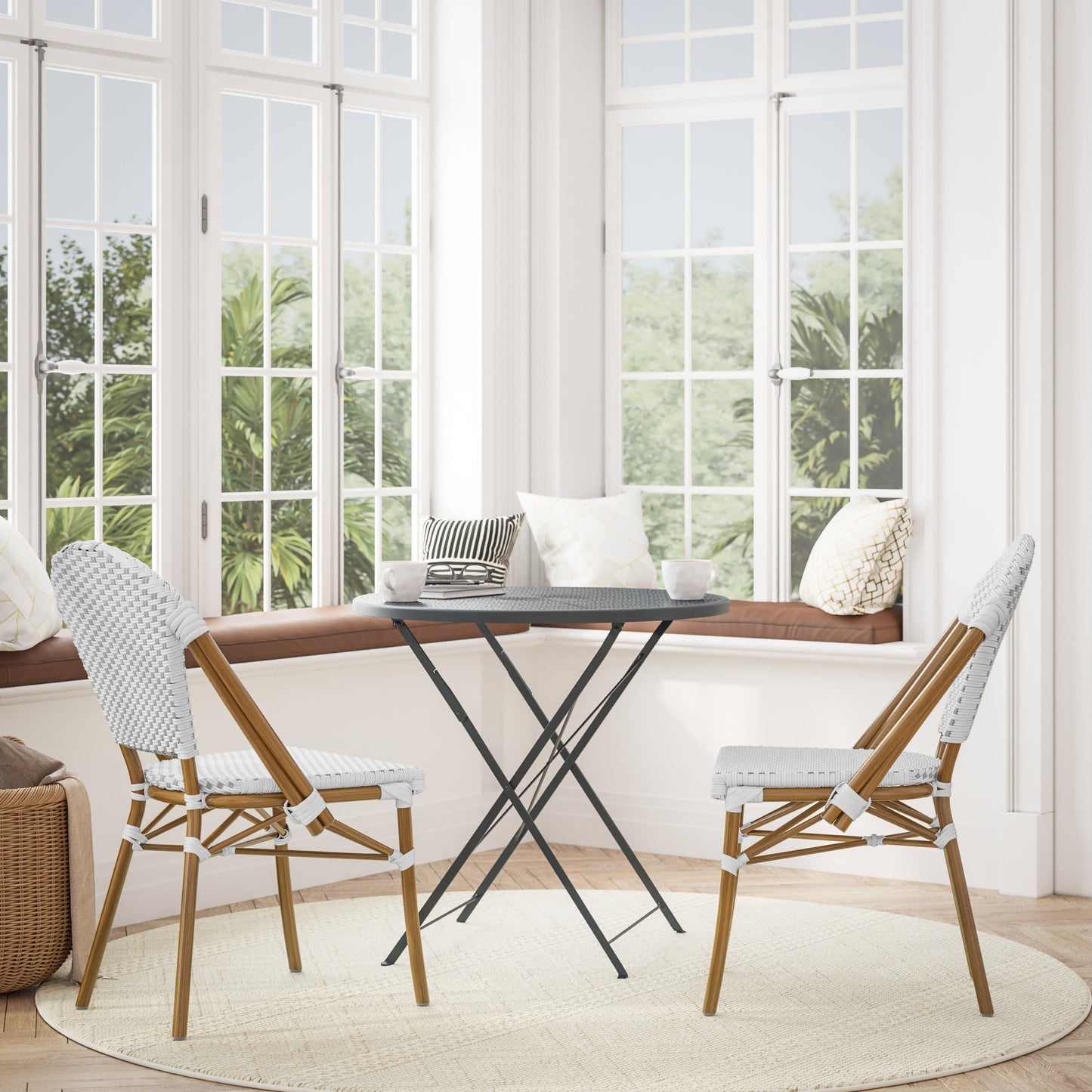 Lourdes Indoor/Outdoor Commercial Bistro Stacking Chair, PE Rattan Back and Seat, Bamboo Print Aluminum Frame