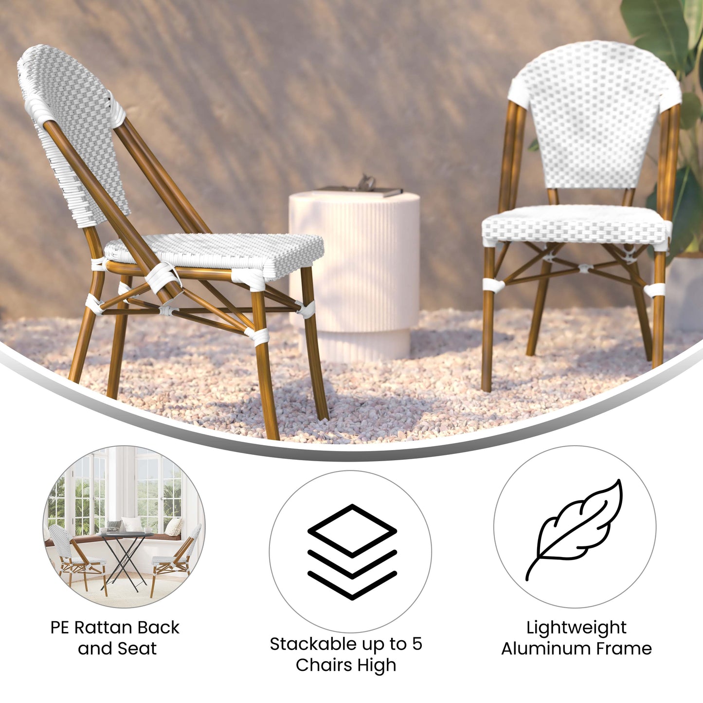 Lourdes Indoor/Outdoor Commercial Bistro Stacking Chair, PE Rattan Back and Seat, Bamboo Print Aluminum Frame