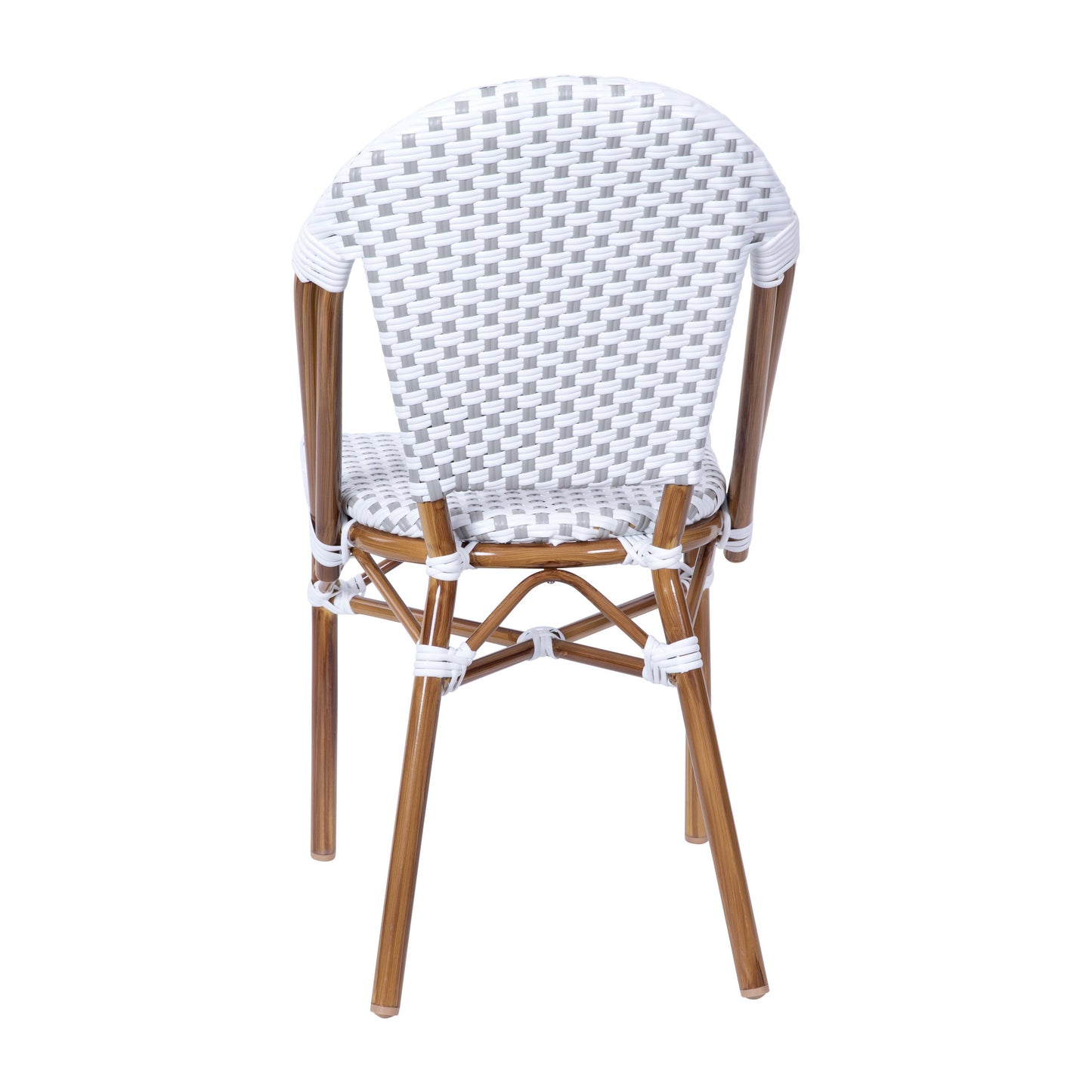 Lourdes Indoor/Outdoor Commercial Bistro Stacking Chair, PE Rattan Back and Seat, Bamboo Print Aluminum Frame