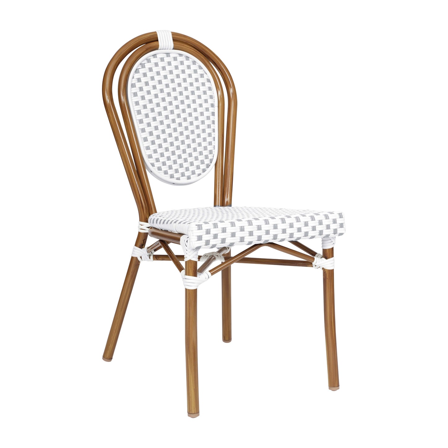 Lourdes Indoor/Outdoor Commercial Thonet Bistro Stacking Chair, PE Rattan and Aluminum Frame