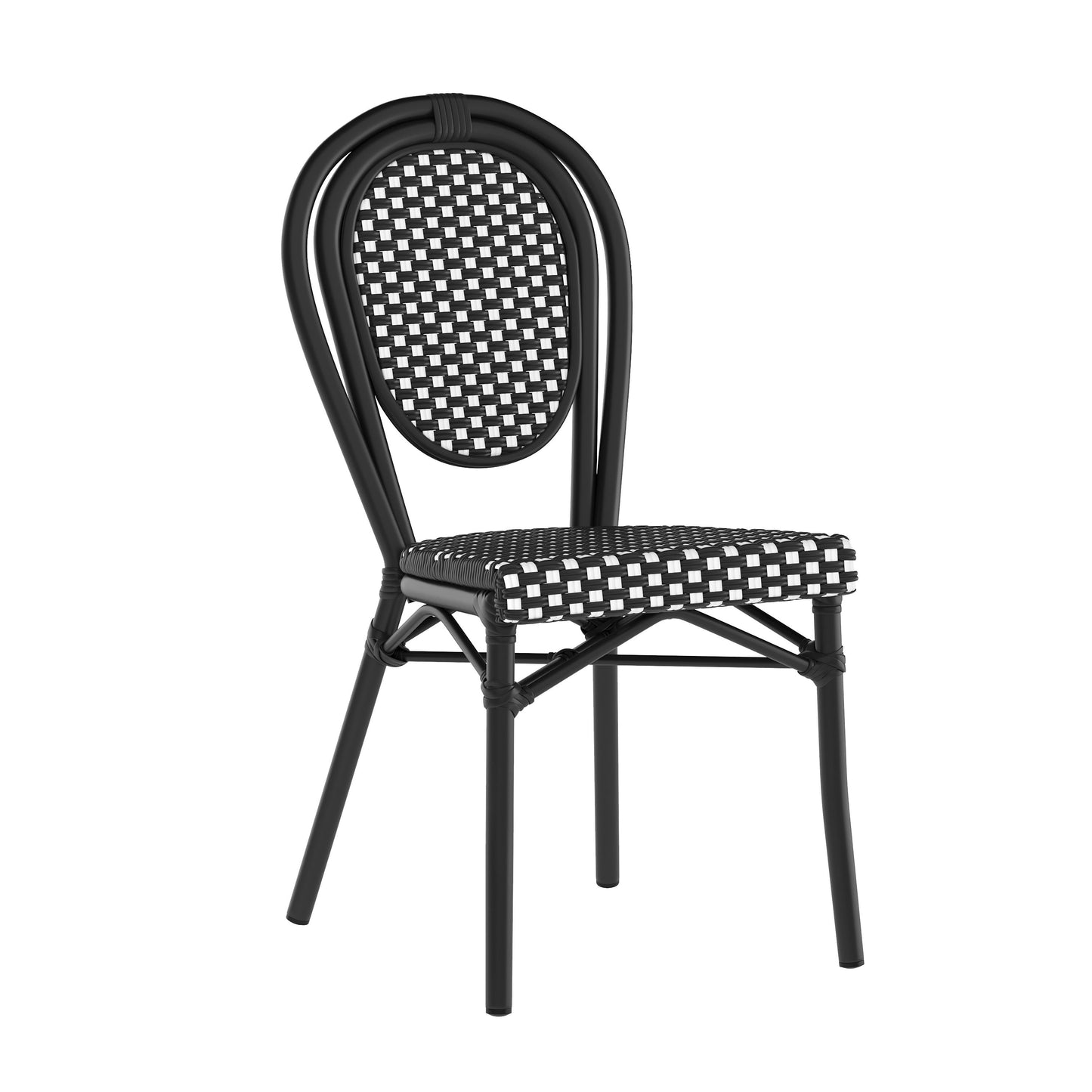 Lourdes Indoor/Outdoor Commercial Thonet Bistro Stacking Chair, PE Rattan and Aluminum Frame