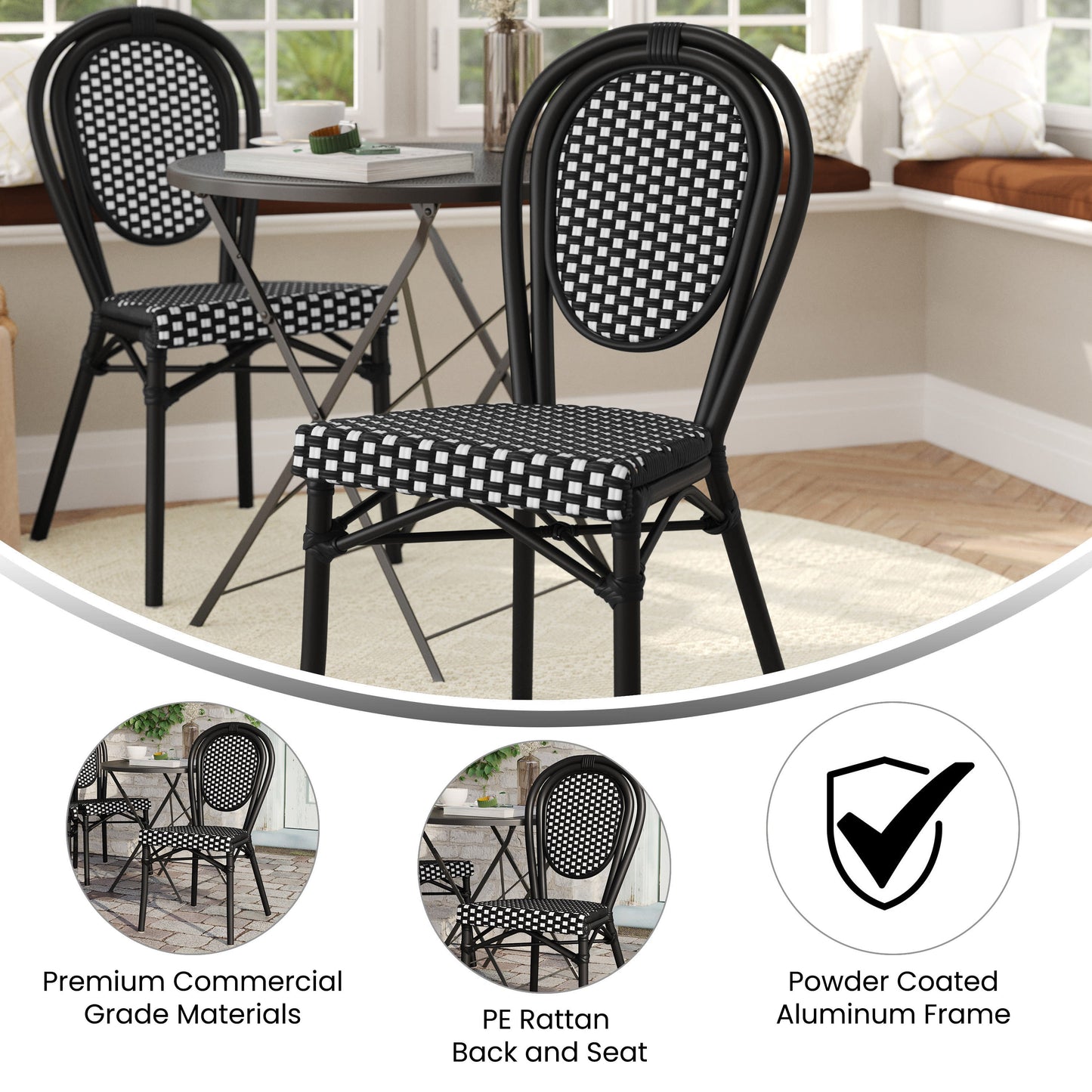 Lourdes Indoor/Outdoor Commercial Thonet Bistro Stacking Chair, PE Rattan and Aluminum Frame