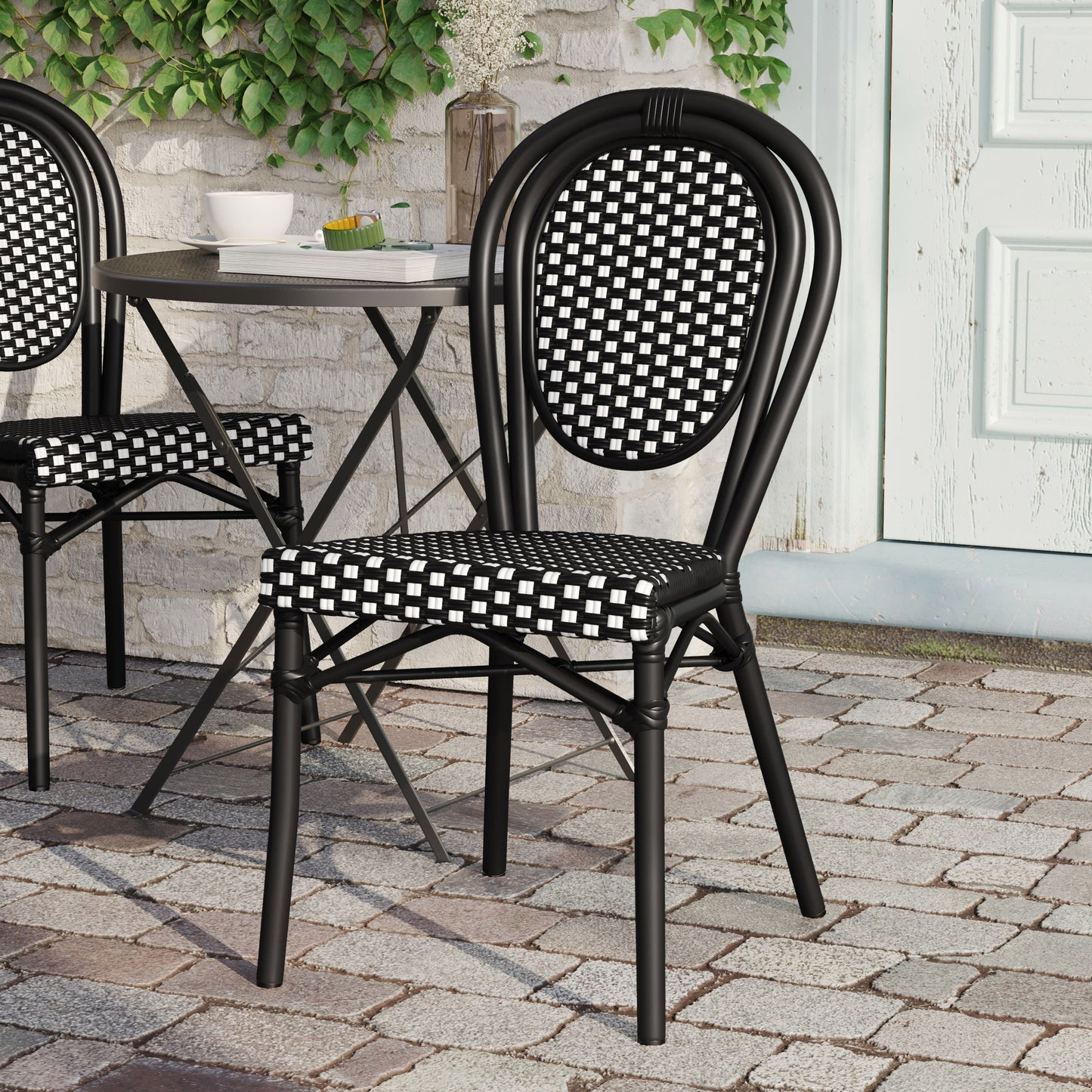 Lourdes Indoor/Outdoor Commercial Thonet Bistro Stacking Chair, PE Rattan and Aluminum Frame