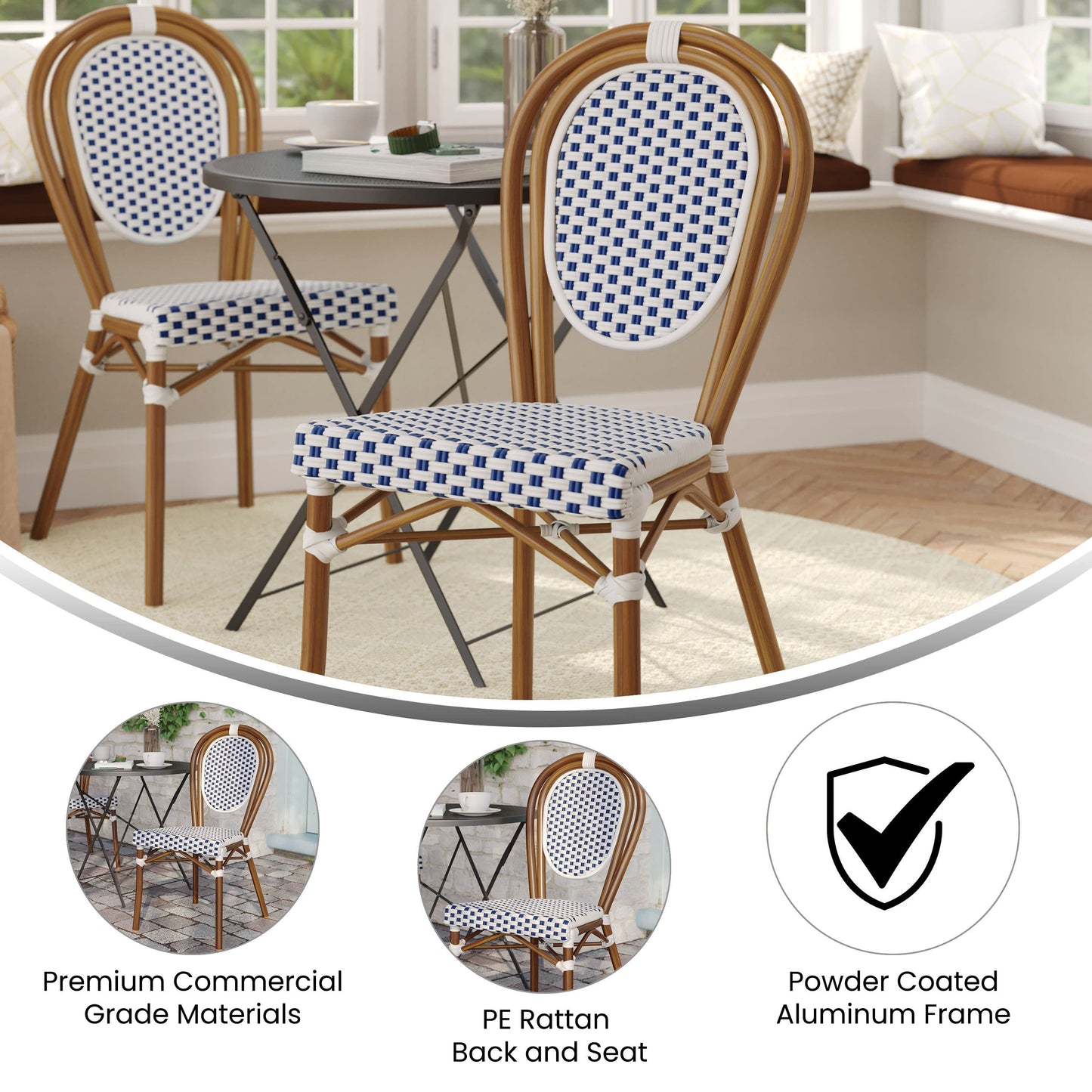 Lourdes Indoor/Outdoor Commercial Thonet Bistro Stacking Chair, PE Rattan and Aluminum Frame