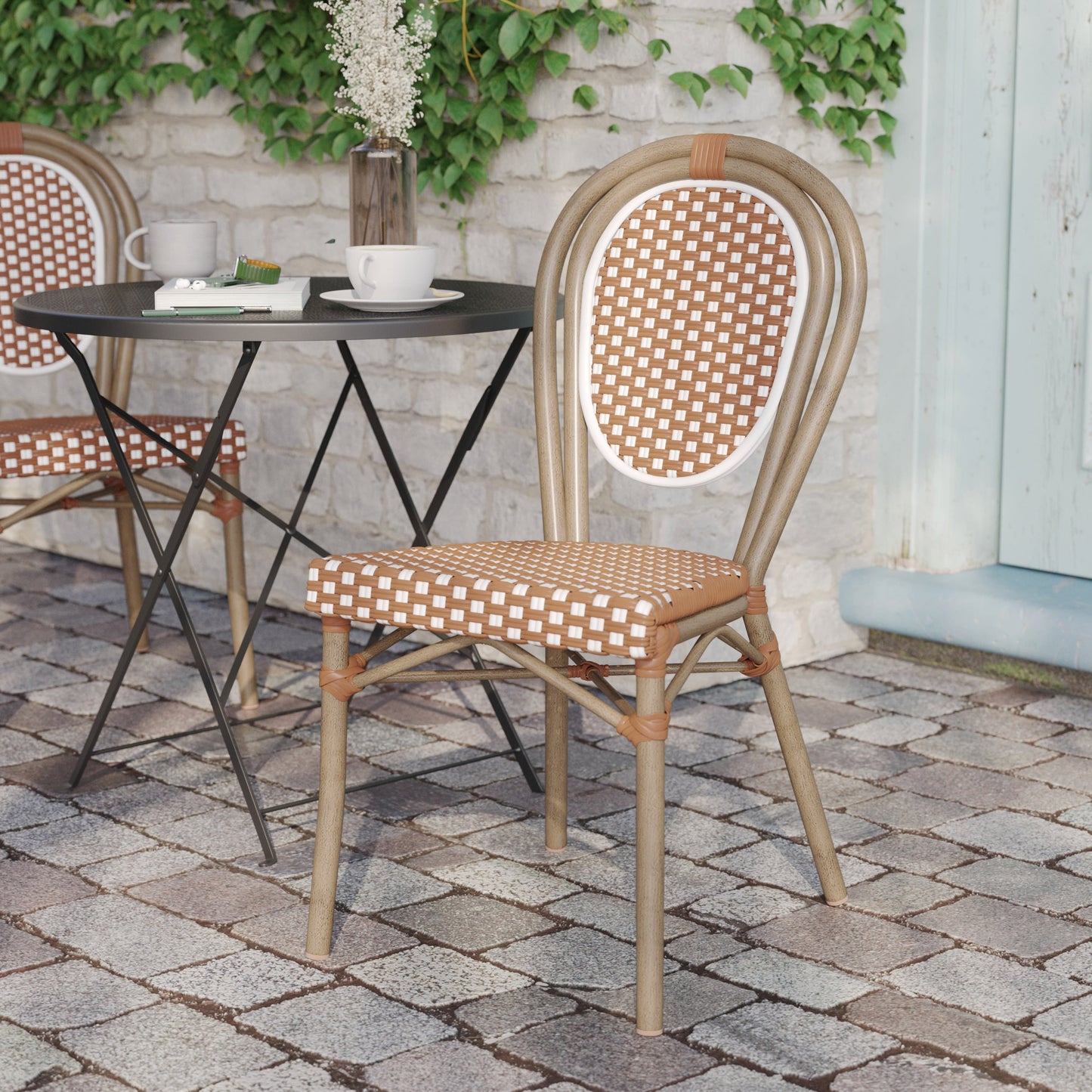 Lourdes Indoor/Outdoor Commercial Thonet Bistro Stacking Chair, PE Rattan and Aluminum Frame