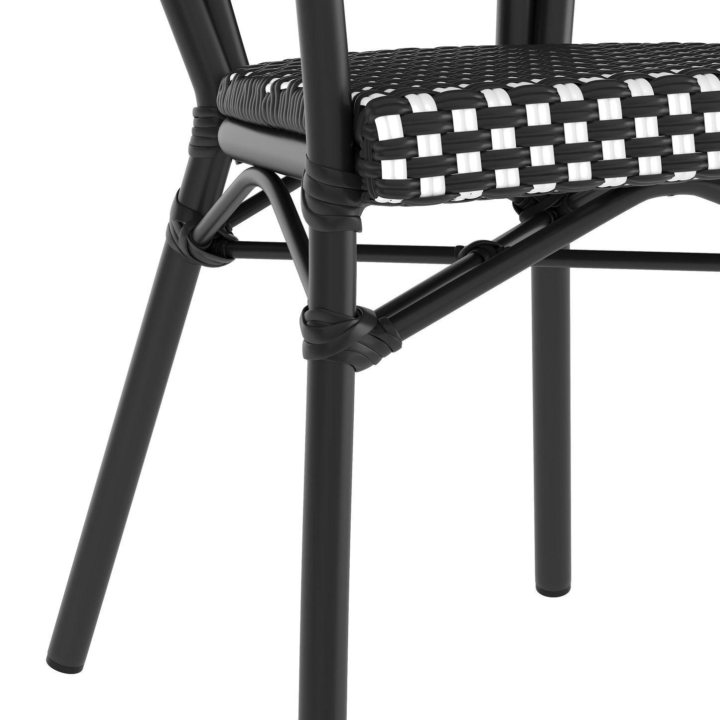 Lourdes Indoor/Outdoor Commercial Thonet Bistro Stacking Chair with Arms, PE Rattan and Aluminum Frame
