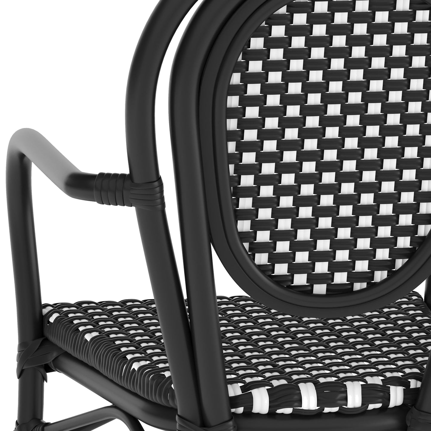 Lourdes Indoor/Outdoor Commercial Thonet Bistro Stacking Chair with Arms, PE Rattan and Aluminum Frame