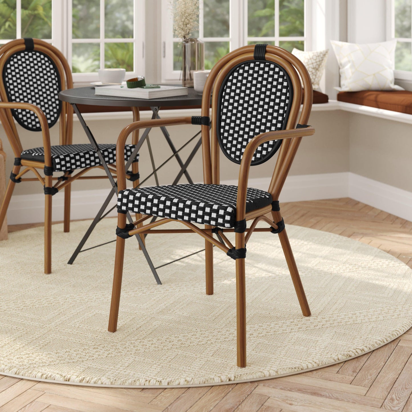Lourdes Indoor/Outdoor Commercial Thonet Bistro Stacking Chair with Arms, PE Rattan and Aluminum Frame