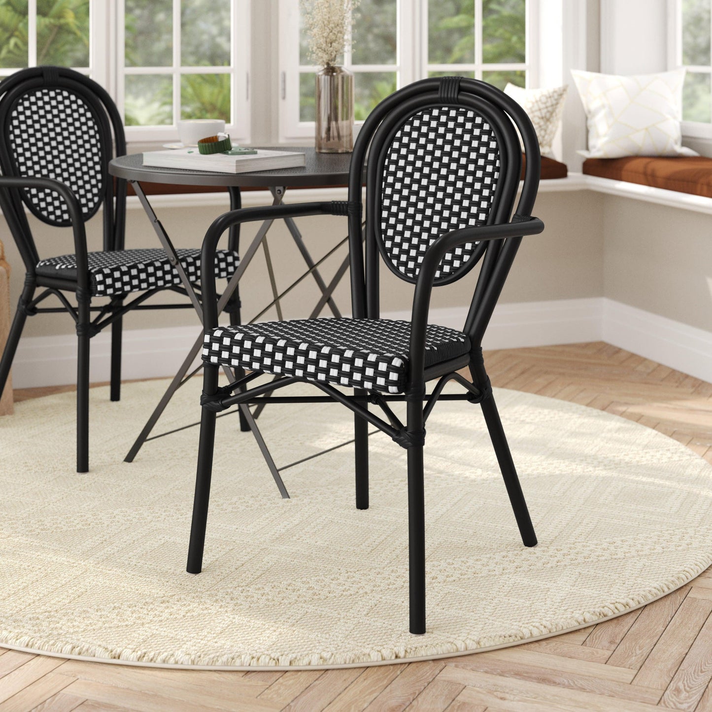 Lourdes Indoor/Outdoor Commercial Thonet Bistro Stacking Chair with Arms, PE Rattan and Aluminum Frame