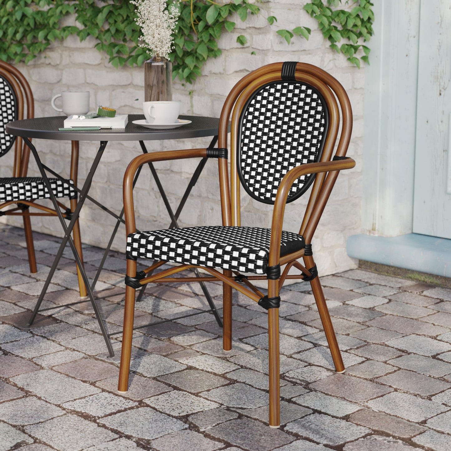 Lourdes Indoor/Outdoor Commercial Thonet Bistro Stacking Chair with Arms, PE Rattan and Aluminum Frame