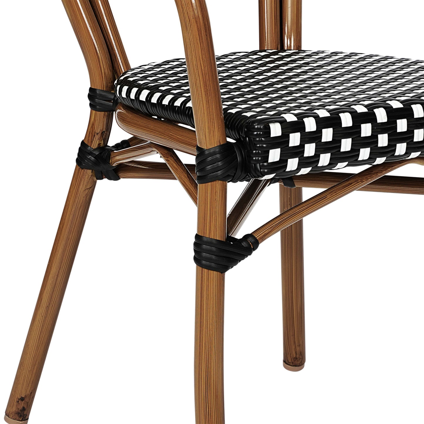 Lourdes Indoor/Outdoor Commercial Thonet Bistro Stacking Chair with Arms, PE Rattan and Aluminum Frame