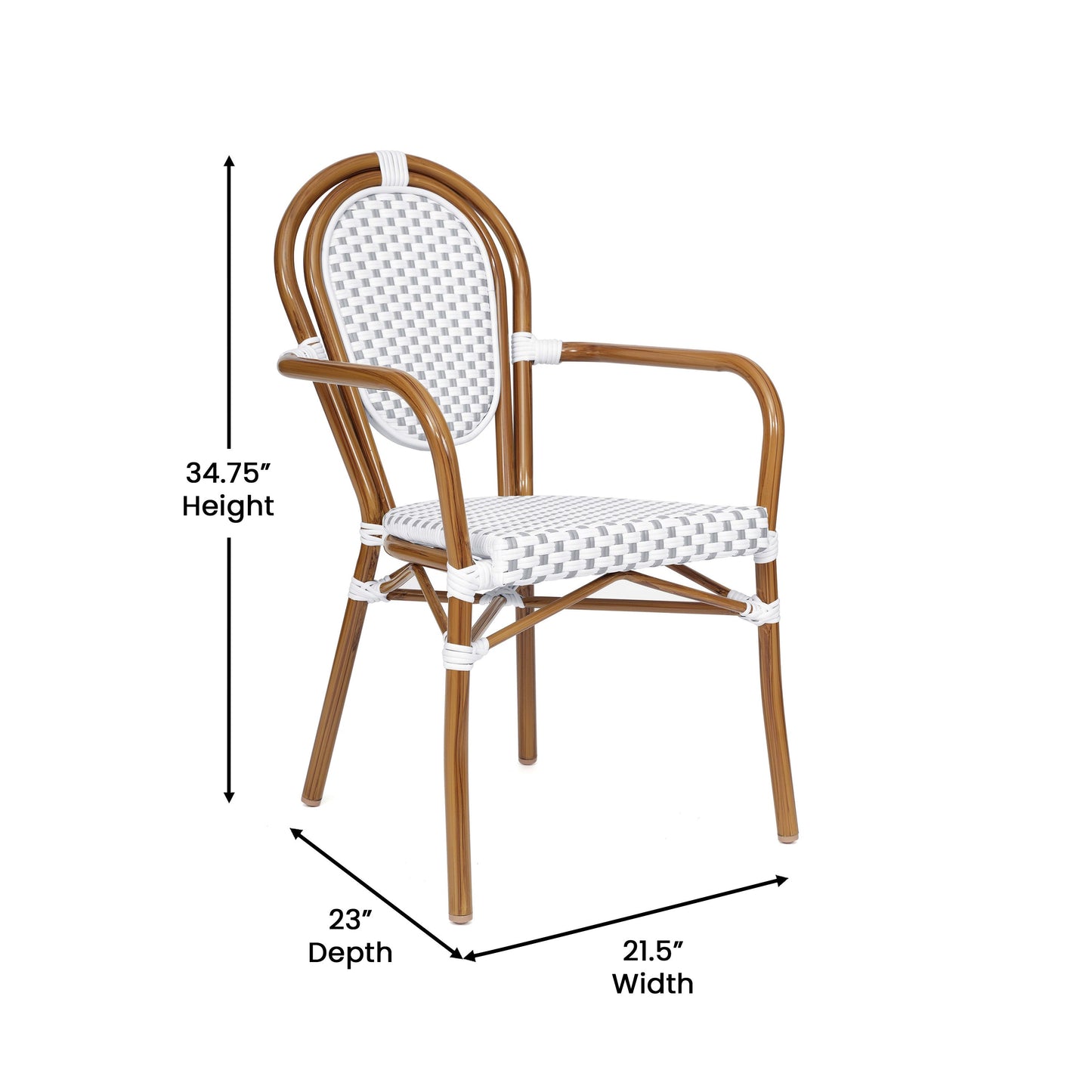 Lourdes Indoor/Outdoor Commercial Thonet Bistro Stacking Chair with Arms, PE Rattan and Aluminum Frame