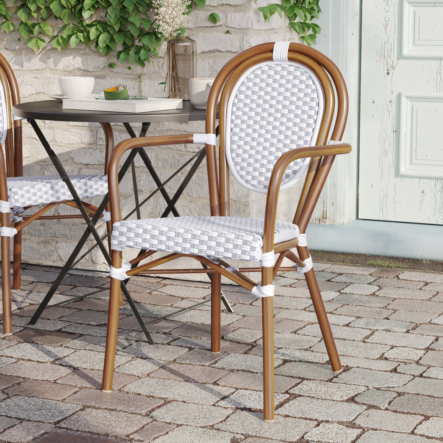 Lourdes Indoor/Outdoor Commercial Thonet Bistro Stacking Chair with Arms, PE Rattan and Aluminum Frame