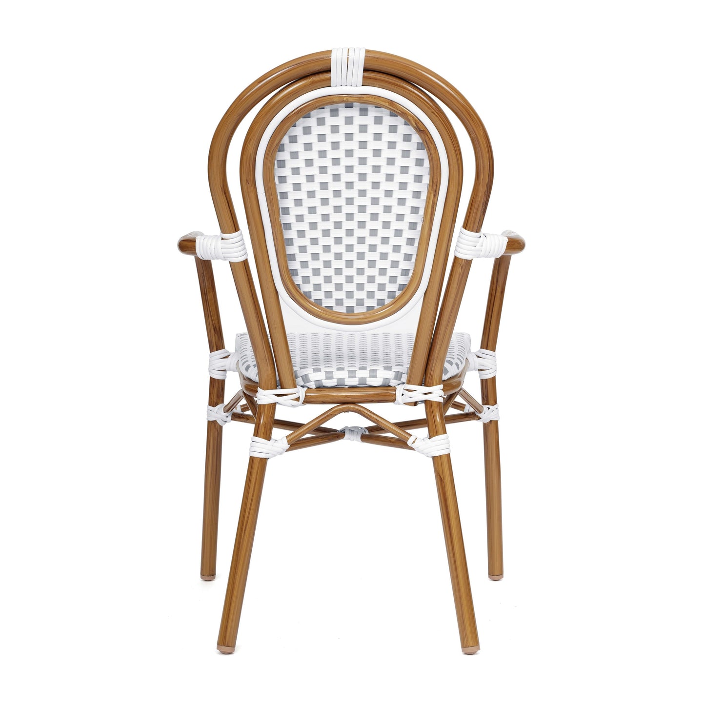 Lourdes Indoor/Outdoor Commercial Thonet Bistro Stacking Chair with Arms, PE Rattan and Aluminum Frame