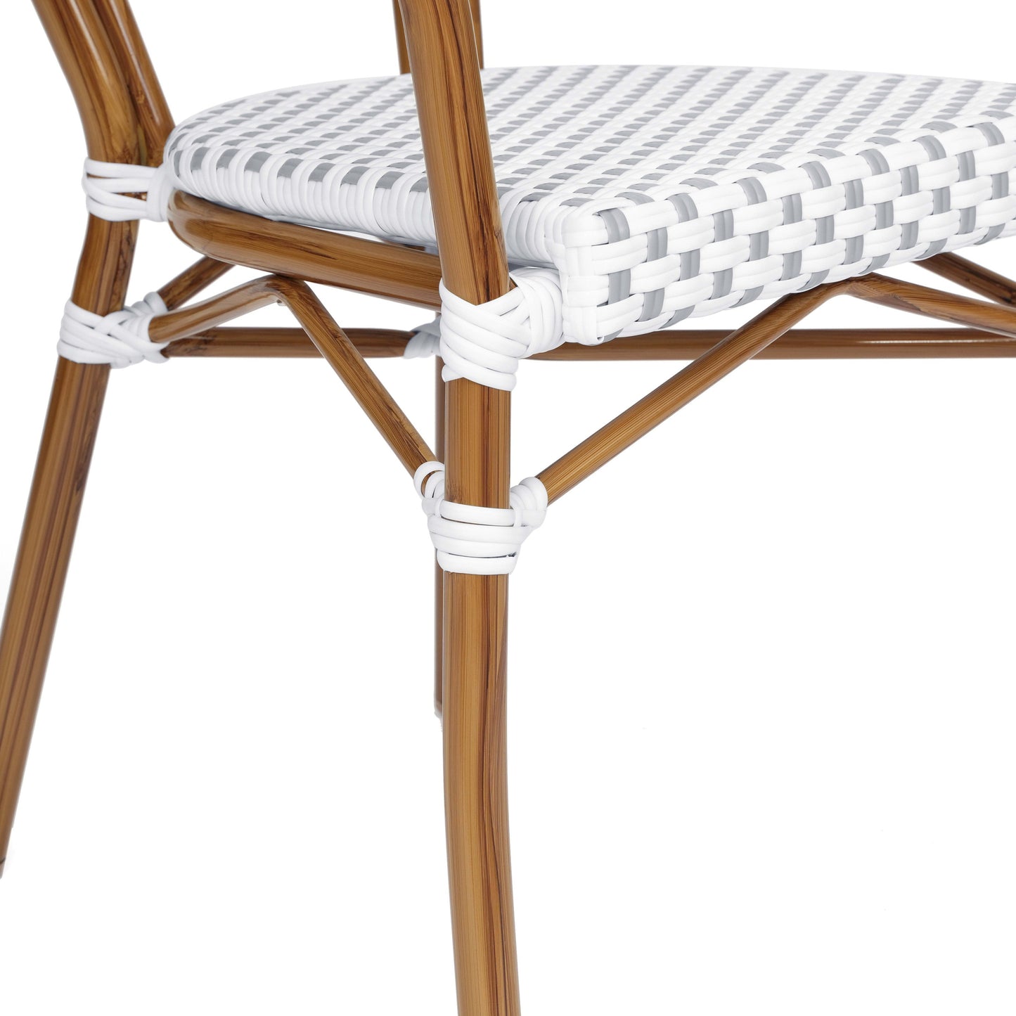 Lourdes Indoor/Outdoor Commercial Thonet Bistro Stacking Chair with Arms, PE Rattan and Aluminum Frame