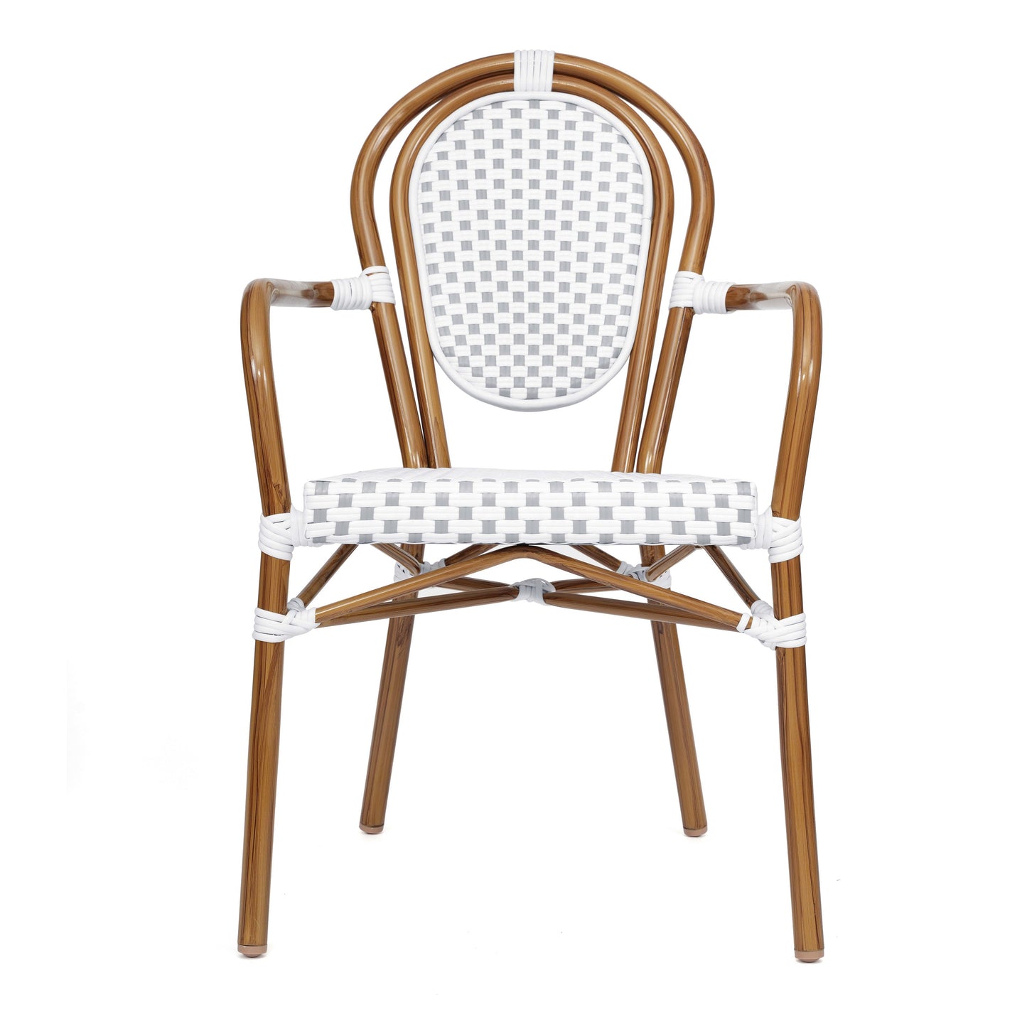 Lourdes Indoor/Outdoor Commercial Thonet Bistro Stacking Chair with Arms, PE Rattan and Aluminum Frame