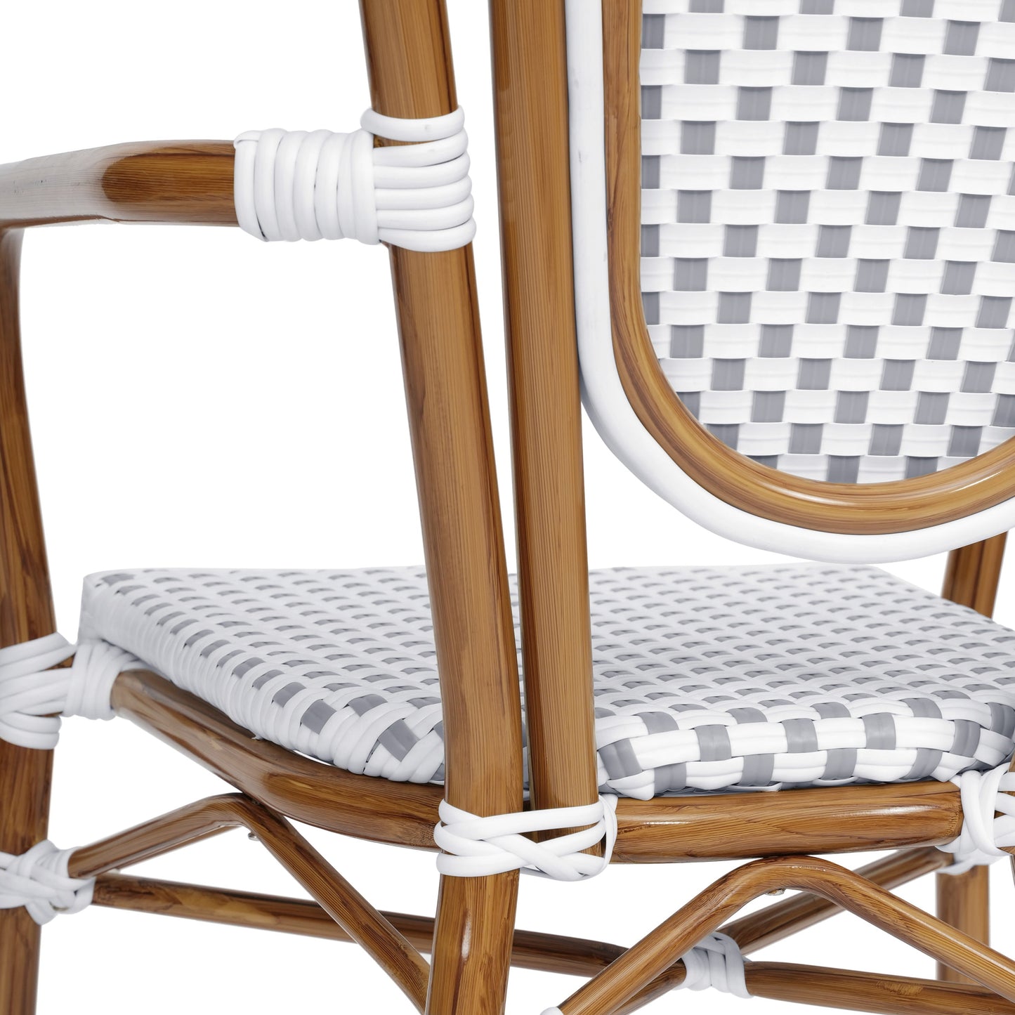 Lourdes Indoor/Outdoor Commercial Thonet Bistro Stacking Chair with Arms, PE Rattan and Aluminum Frame