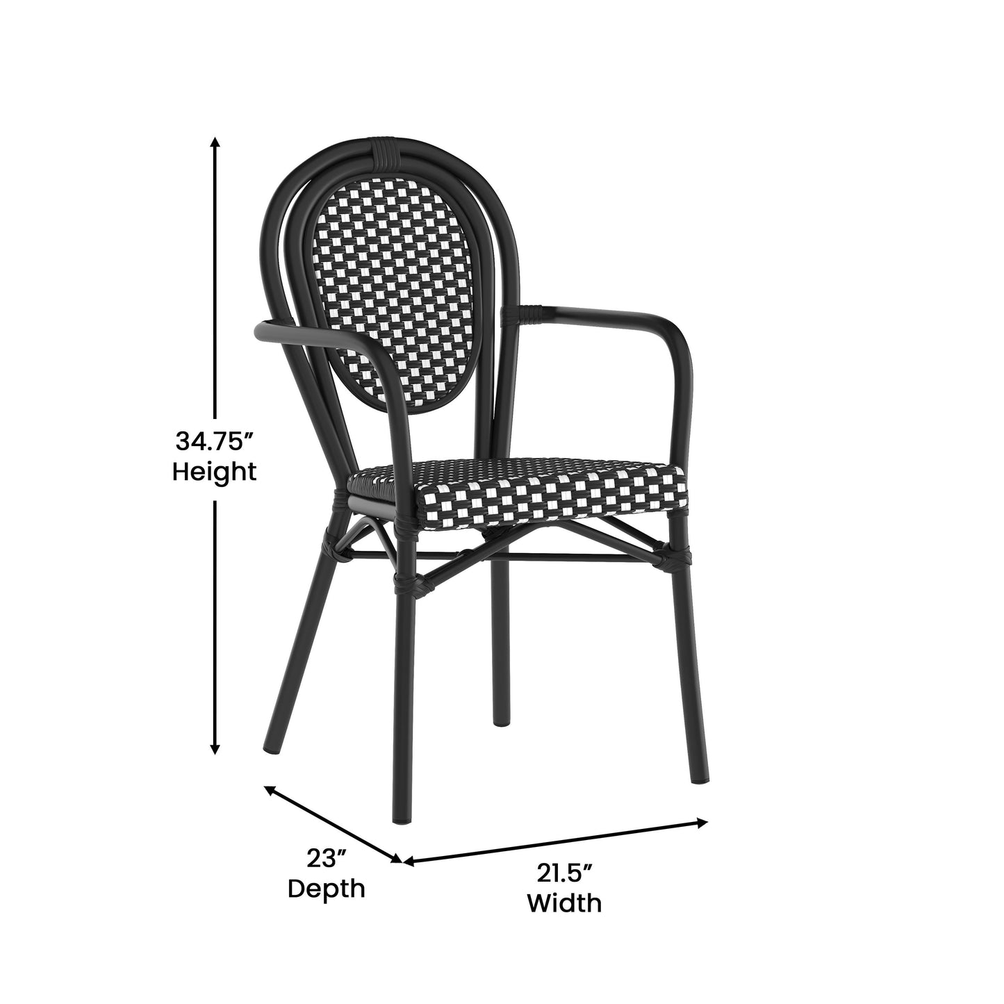 Lourdes Indoor/Outdoor Commercial Thonet Bistro Stacking Chair with Arms, PE Rattan and Aluminum Frame