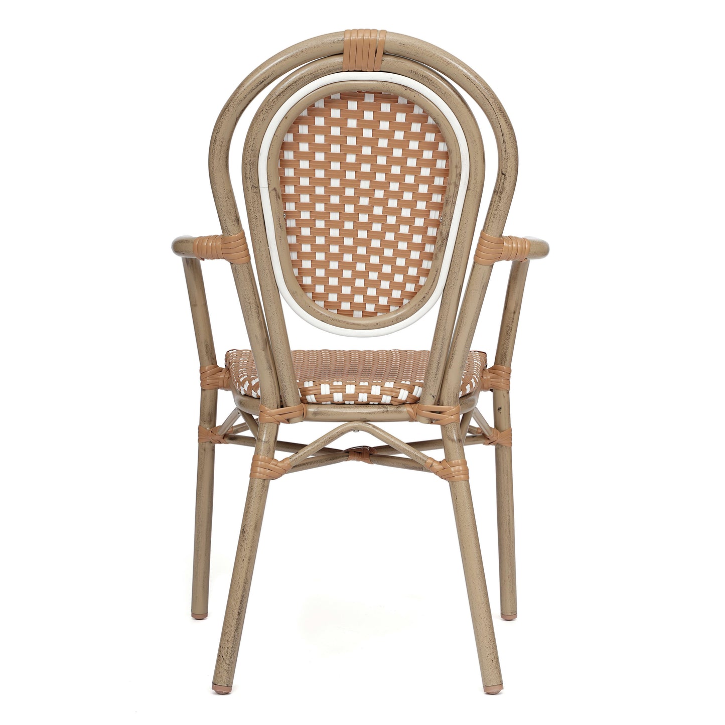 Lourdes Indoor/Outdoor Commercial Thonet Bistro Stacking Chair with Arms, PE Rattan and Aluminum Frame
