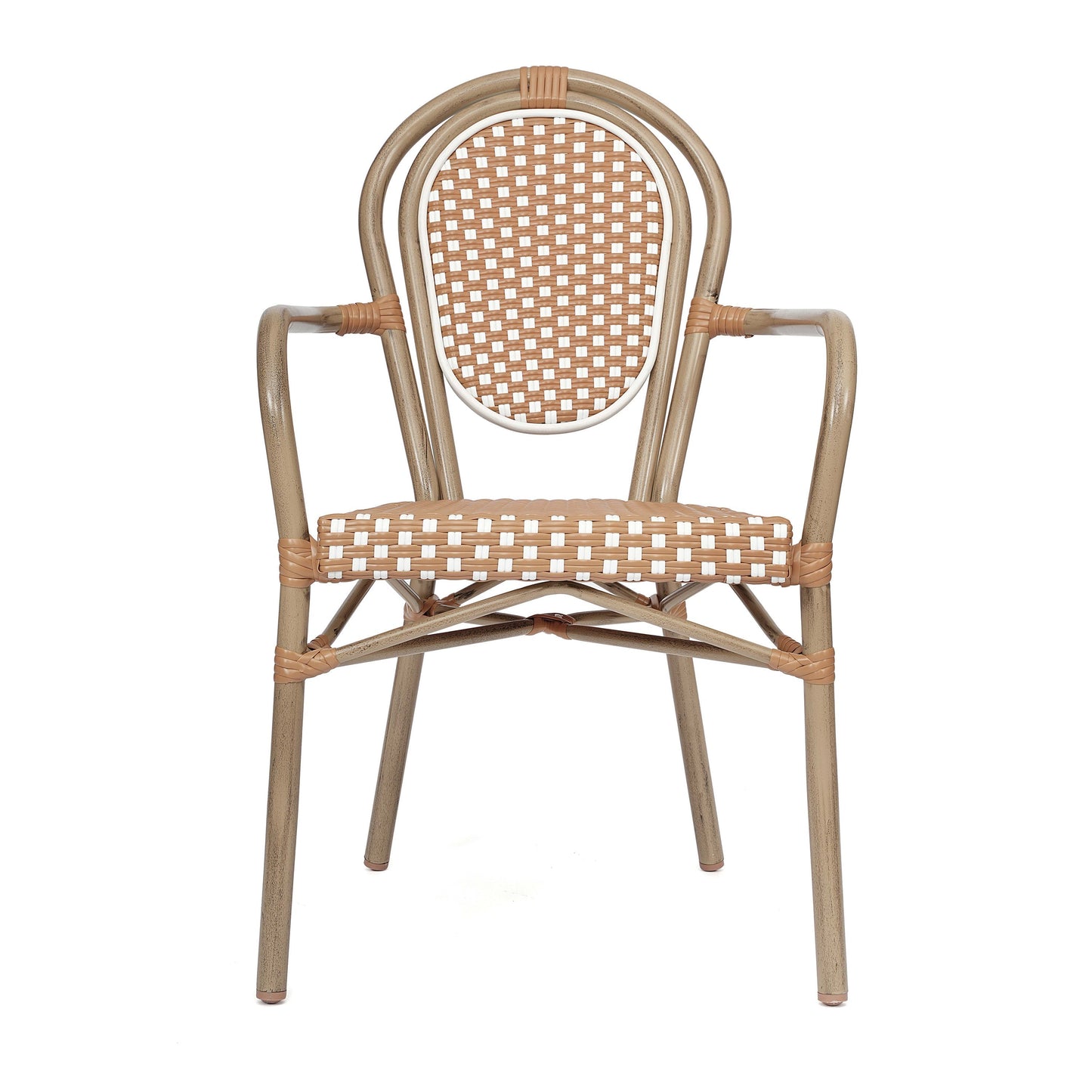 Lourdes Indoor/Outdoor Commercial Thonet Bistro Stacking Chair with Arms, PE Rattan and Aluminum Frame