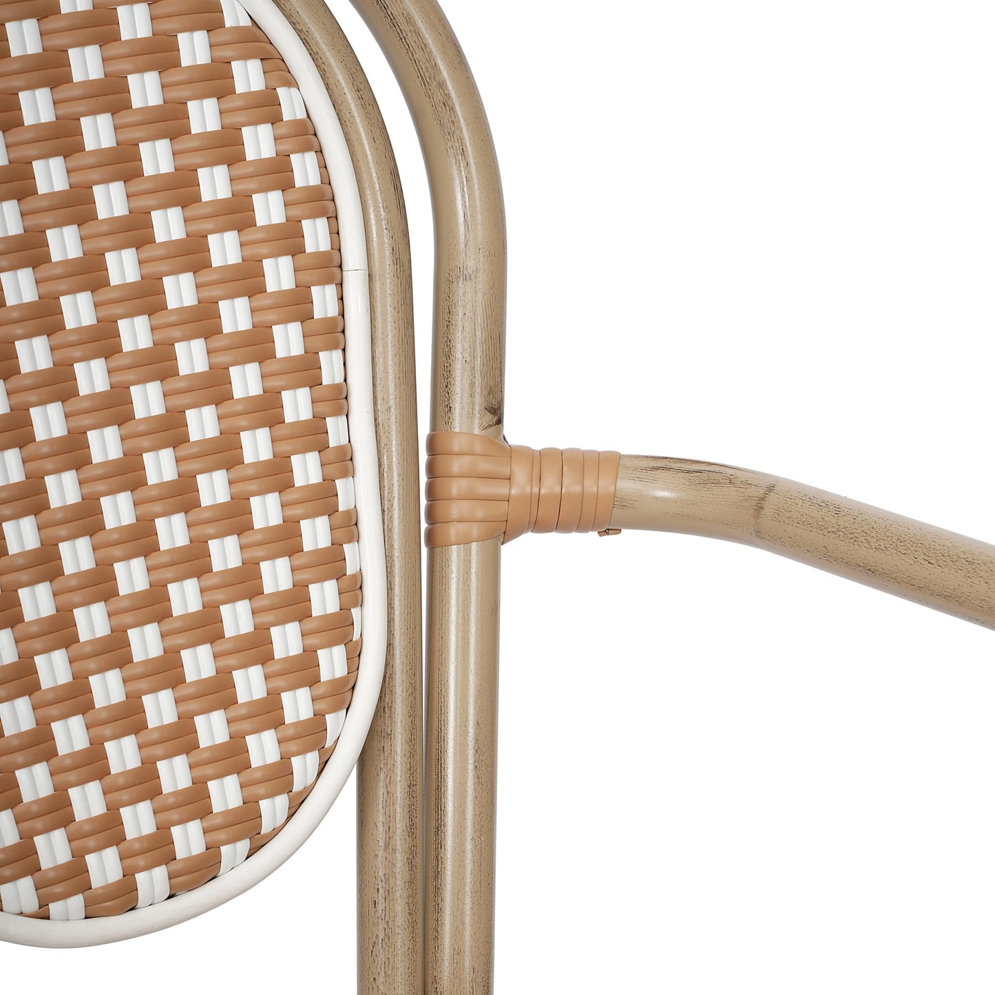 Lourdes Indoor/Outdoor Commercial Thonet Bistro Stacking Chair with Arms, PE Rattan and Aluminum Frame