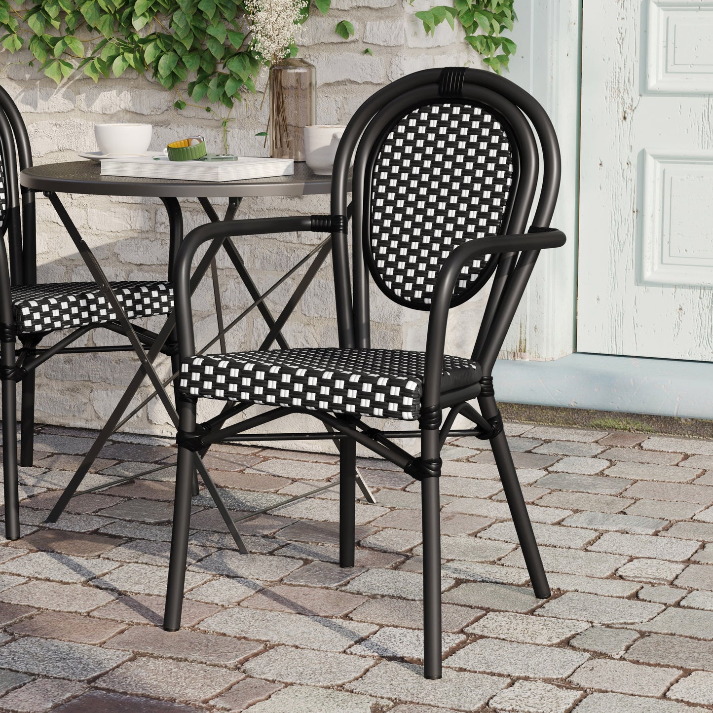 Lourdes Indoor/Outdoor Commercial Thonet Bistro Stacking Chair with Arms, PE Rattan and Aluminum Frame