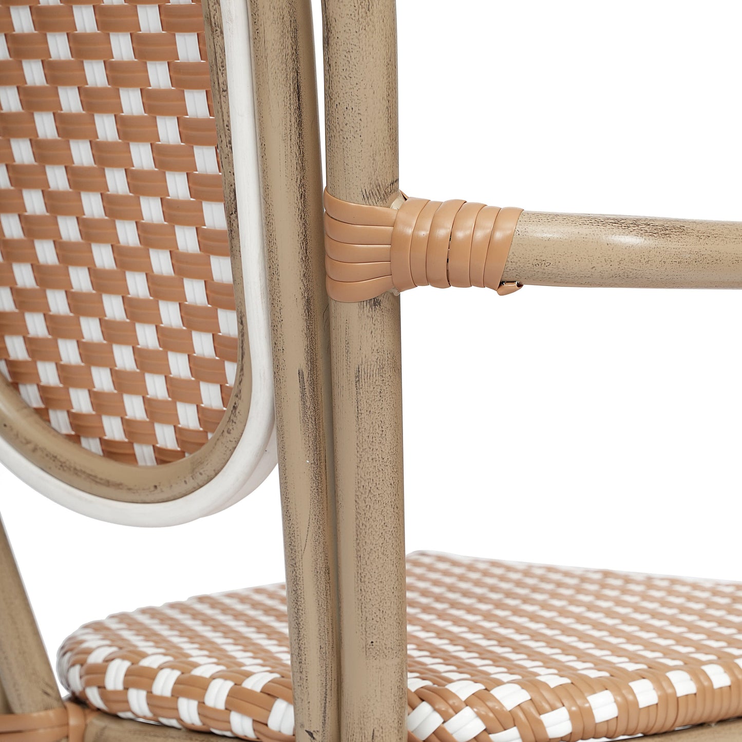 Lourdes Indoor/Outdoor Commercial Thonet Bistro Stacking Chair with Arms, PE Rattan and Aluminum Frame