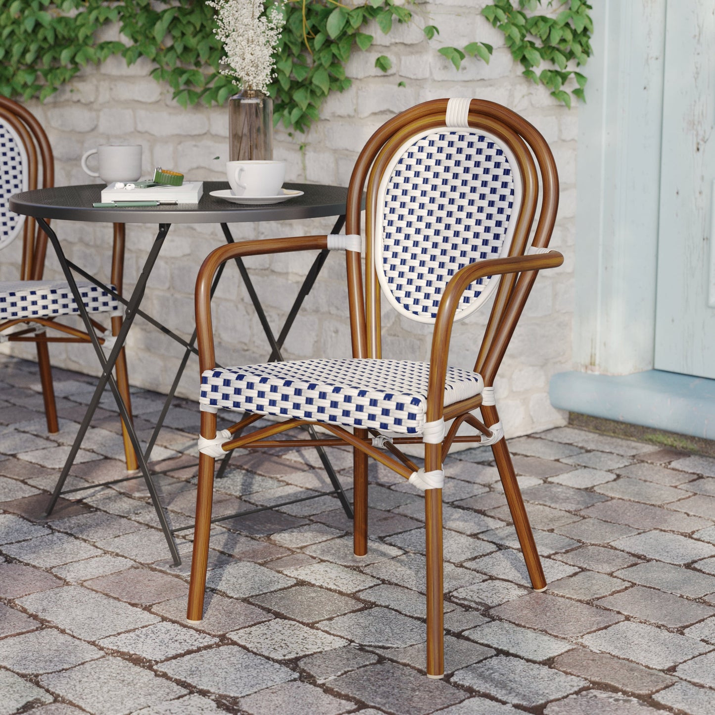 Lourdes Indoor/Outdoor Commercial Thonet Bistro Stacking Chair with Arms, PE Rattan and Aluminum Frame