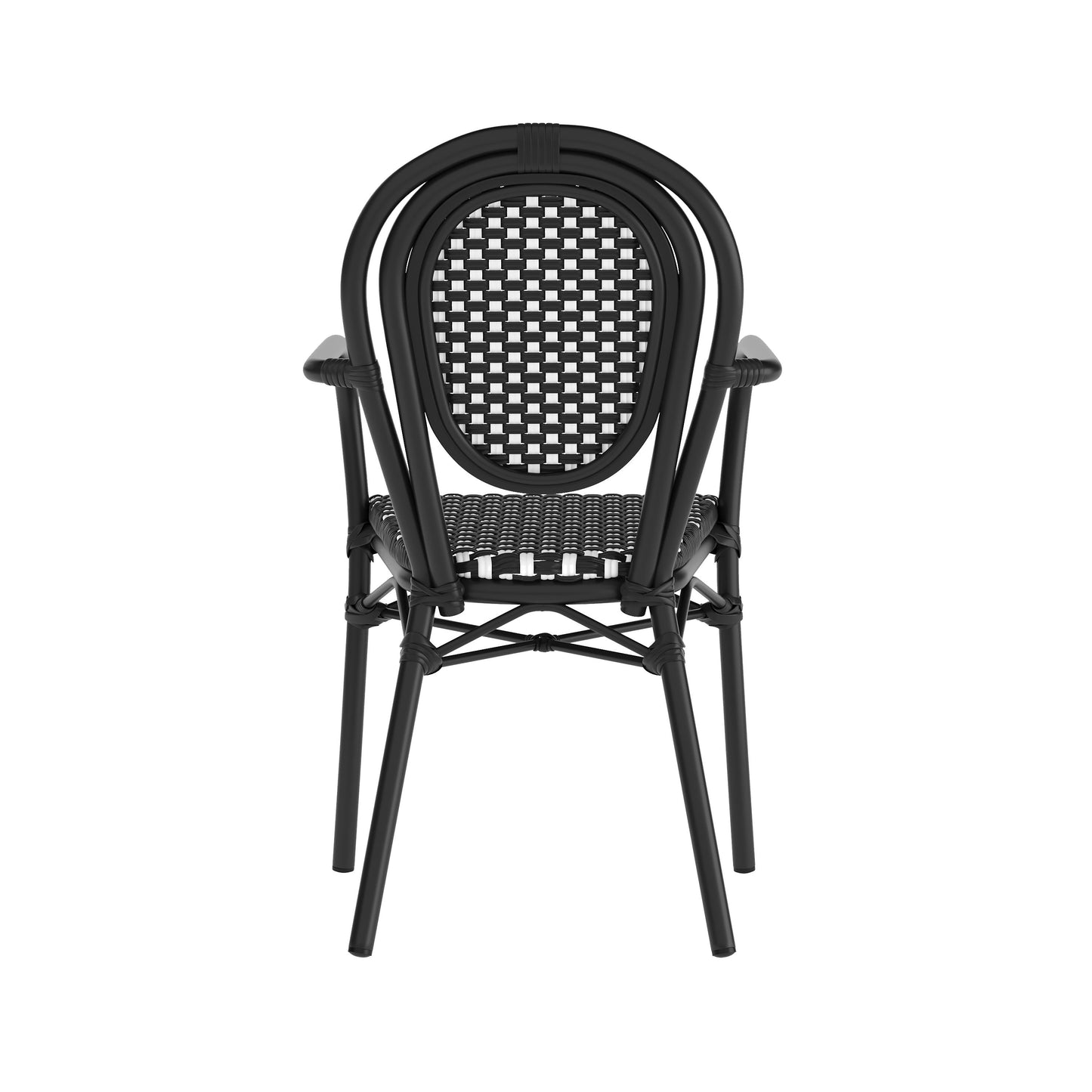 Lourdes Indoor/Outdoor Commercial Thonet Bistro Stacking Chair with Arms, PE Rattan and Aluminum Frame