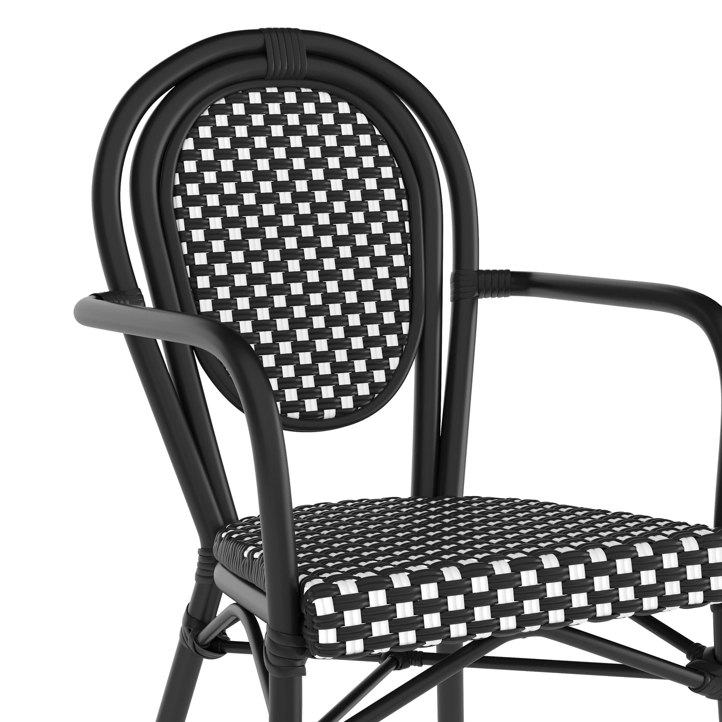 Lourdes Indoor/Outdoor Commercial Thonet Bistro Stacking Chair with Arms, PE Rattan and Aluminum Frame