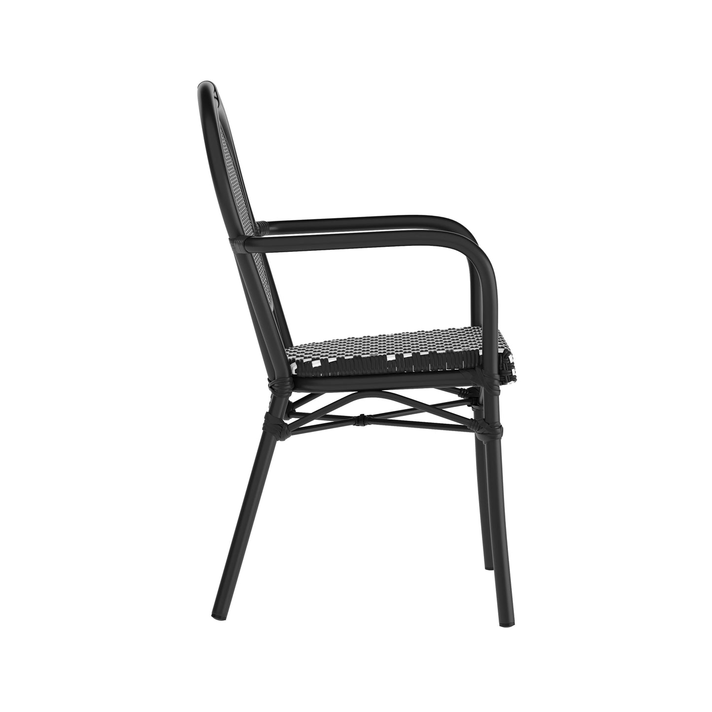 Lourdes Indoor/Outdoor Commercial Thonet Bistro Stacking Chair with Arms, PE Rattan and Aluminum Frame