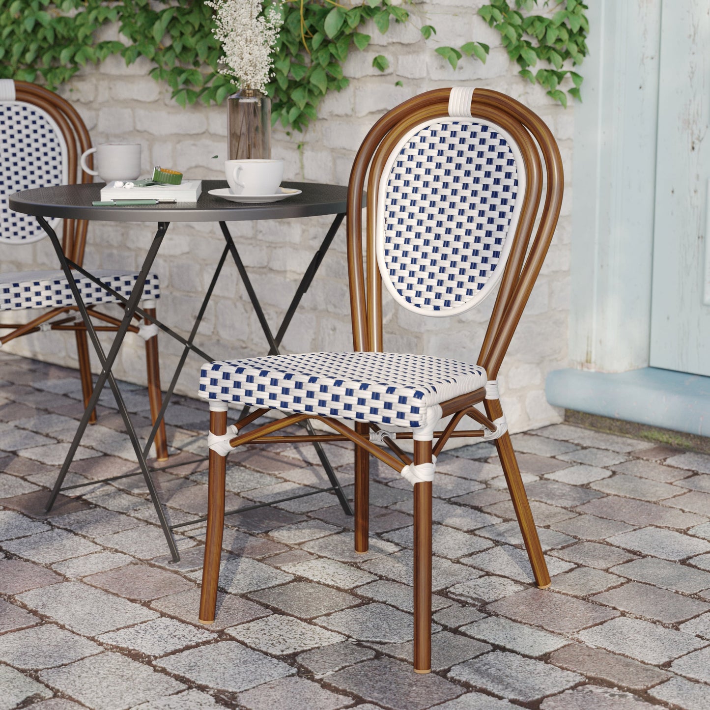 Lourdes Indoor/Outdoor Commercial Thonet Bistro Stacking Chair, PE Rattan and Aluminum Frame