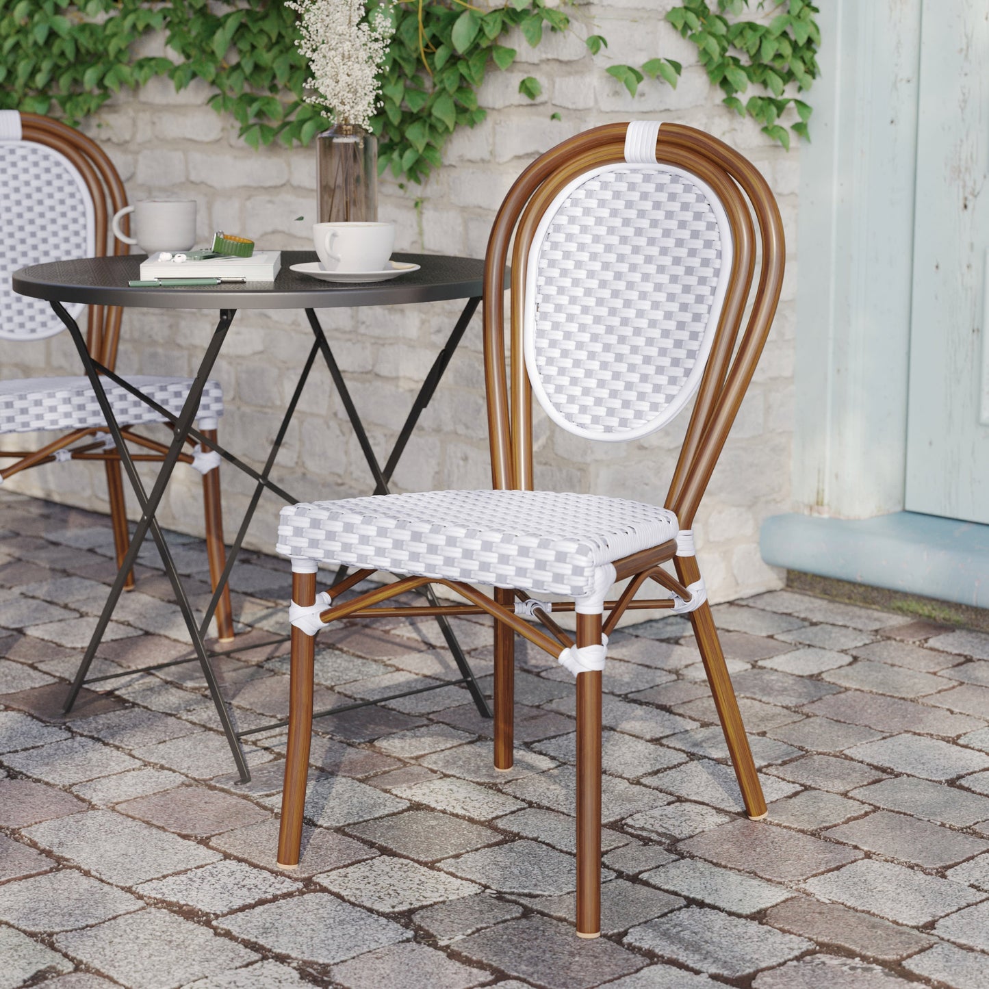 Lourdes Indoor/Outdoor Commercial Thonet Bistro Stacking Chair, PE Rattan and Aluminum Frame
