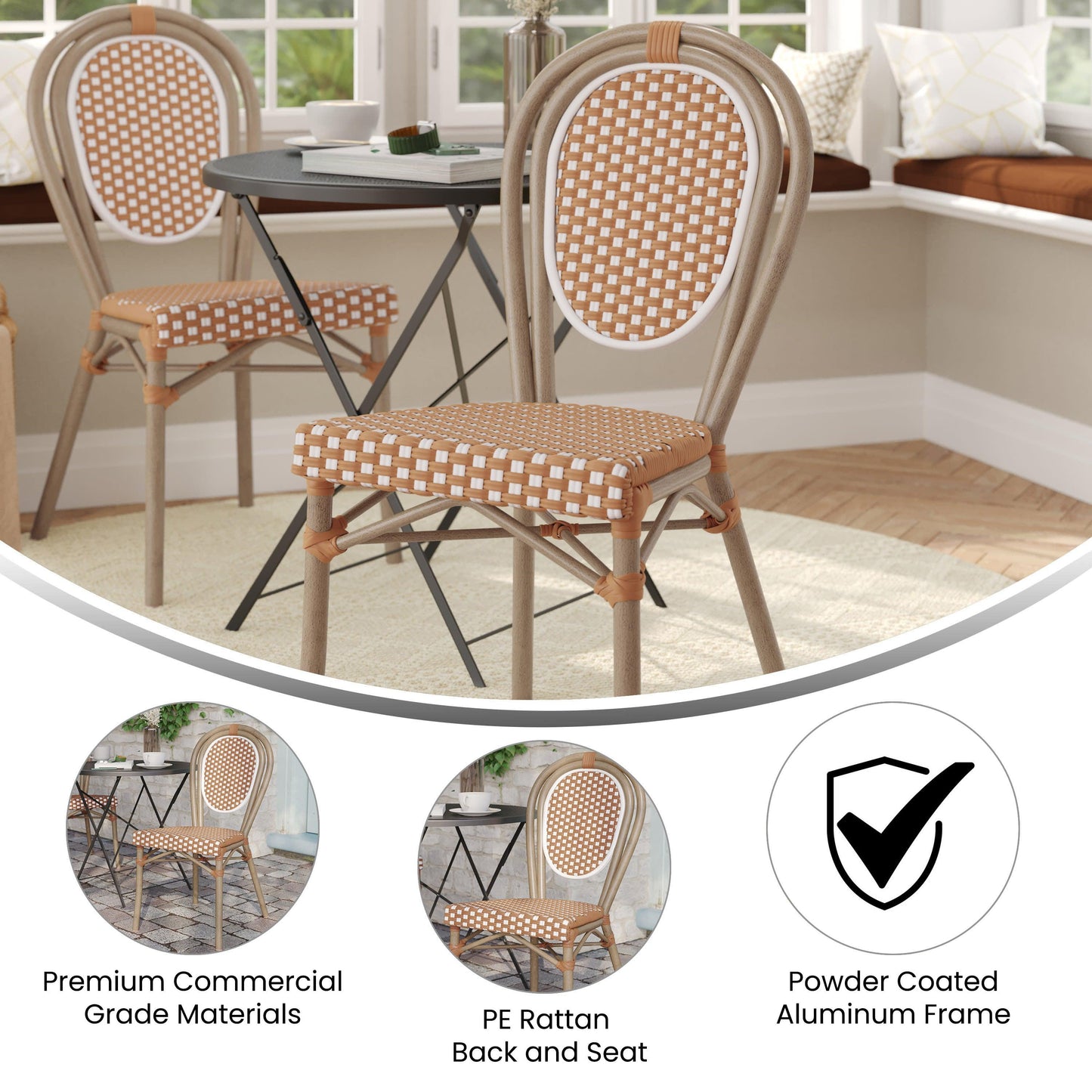 Lourdes Indoor/Outdoor Commercial Thonet Bistro Stacking Chair, PE Rattan and Aluminum Frame