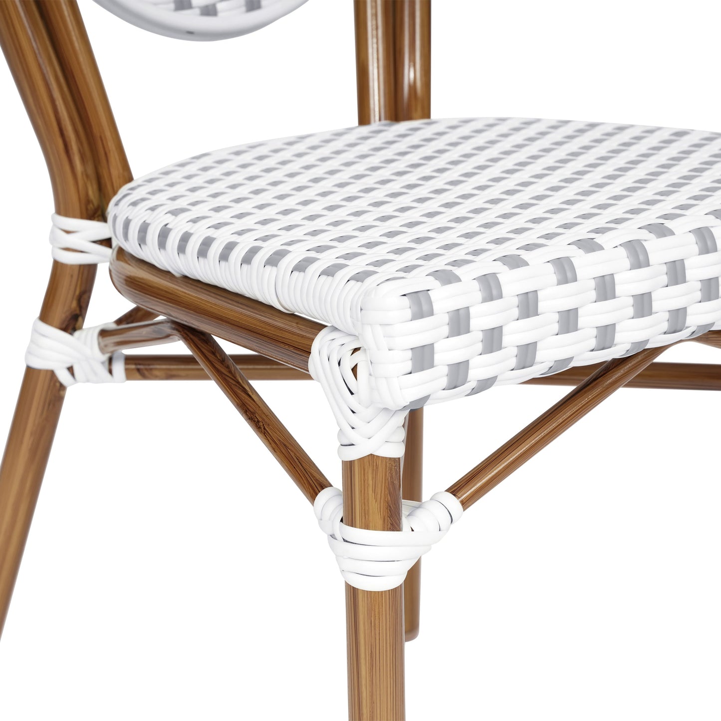 Lourdes Indoor/Outdoor Commercial Thonet Bistro Stacking Chair, PE Rattan and Aluminum Frame